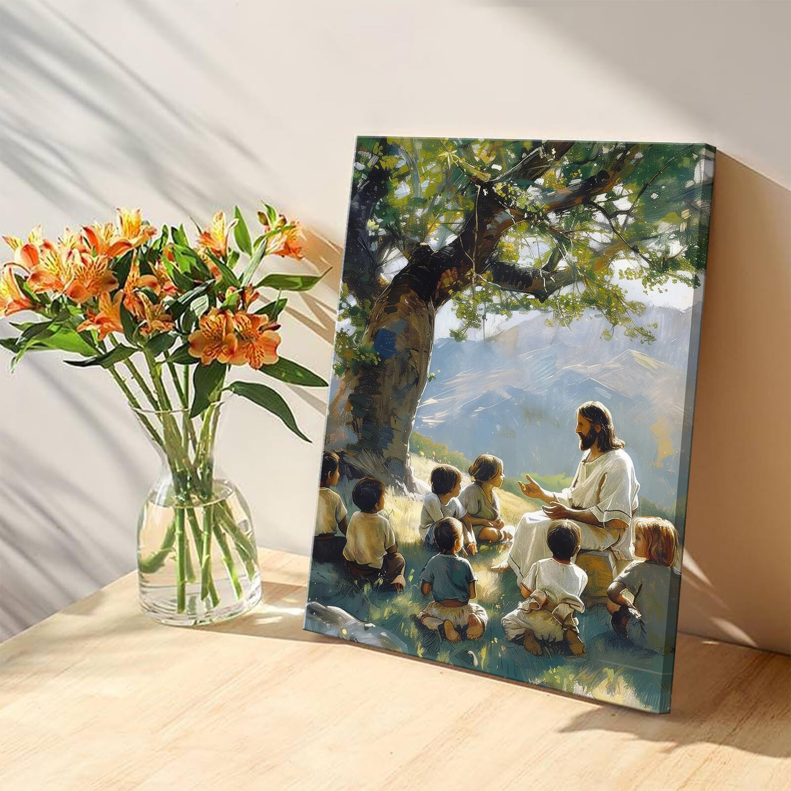 Jesus Teaching Children Canvas Wall Art Christian Jesus With Children Poster Print Religious Faith Wall Decor Pictures For Living Room Bedroom Church Decoration, 12X16In