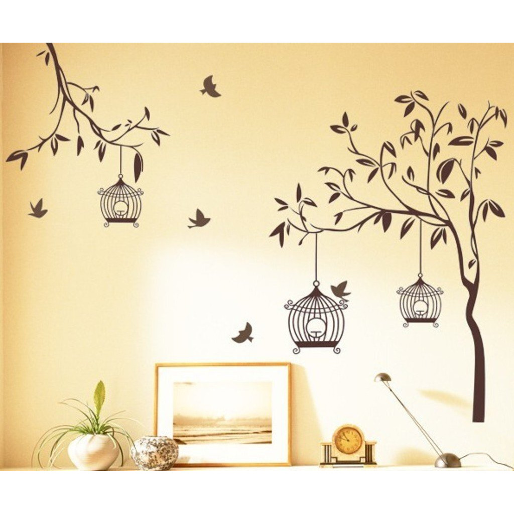 Decals Design 'Tree With Birds And Cages' Wall Sticker (Pvc Vinyl, 30 Cm X 90 Cm, Brown)