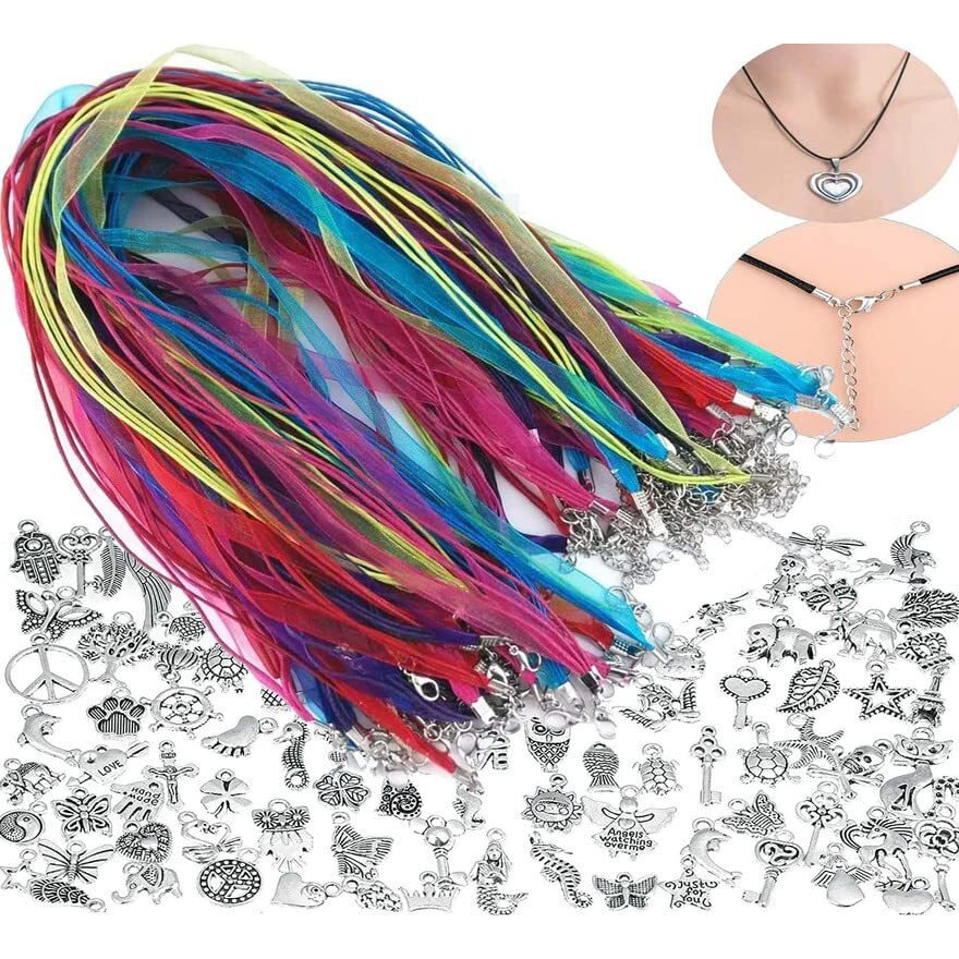 Diy Crafts 9 Pcs, Random, Tibtyan Pendent With Organza 3 Line/Loop Colorful Diy Jewelry Making Voile String Ribbon Organza Strings Lobster Clasp Necklace Chain (9 Pcs, Random)