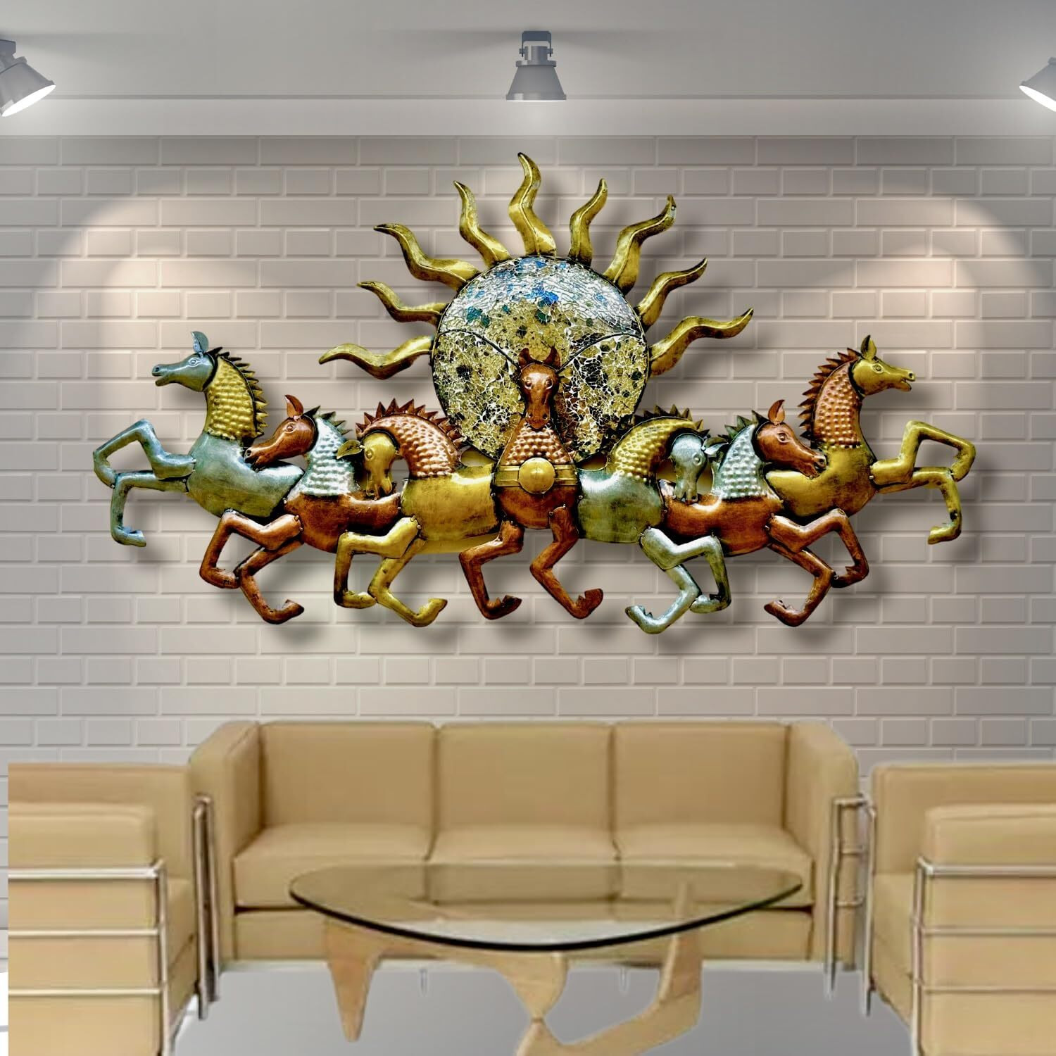 Anshika International Metal 7 Horse Wall Art Frame, Wall Sculpture For Living Room, Wall Hangings For Home Decoration, Wall Hanging Decorative Items, Bedroom Decor (Size 47X27 In)