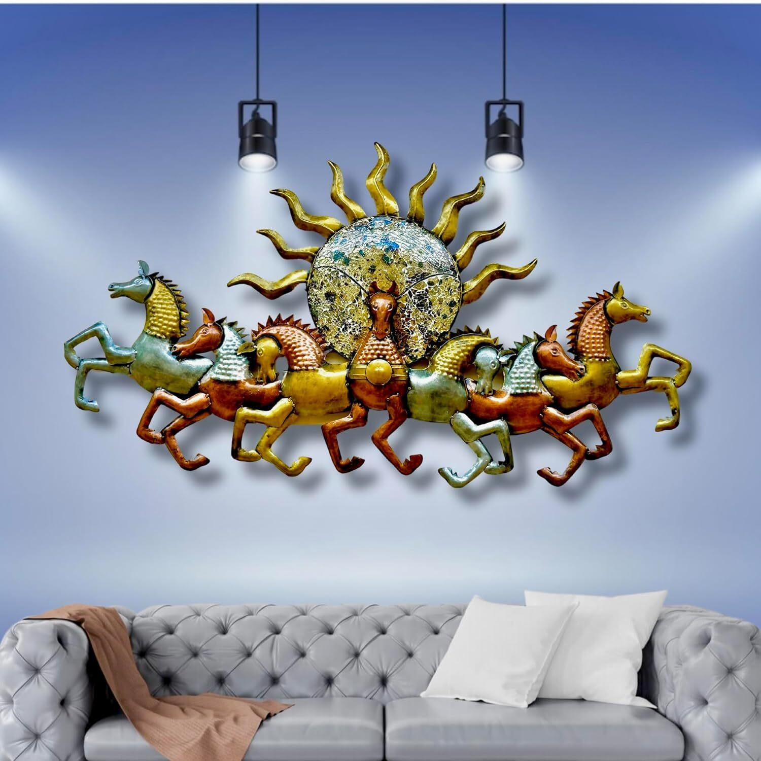 Anshika International Metal 7 Horse Wall Art Frame, Wall Sculpture For Living Room, Wall Hangings For Home Decoration, Wall Hanging Decorative Items, Bedroom Decor (Size 47X27 In)