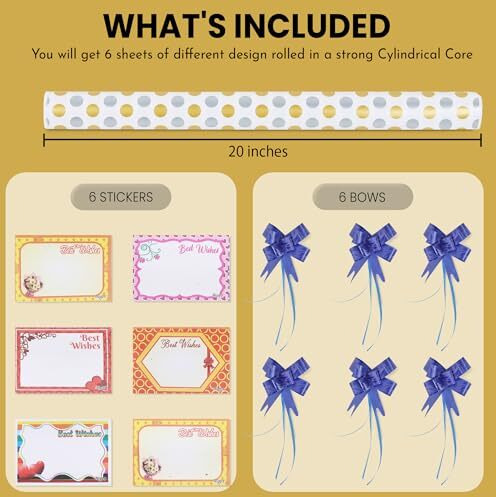 Ofixo (Md-104) Gift Wrapping Paper, Gift Paper, Roll, Gift Papers Sheets, Gift Cover Rapping Paper, Gift Packing Paper Sheet For Gift Packing (Mix Design - Pack Of 6 With 6 Ribbon & 6 Sticker)