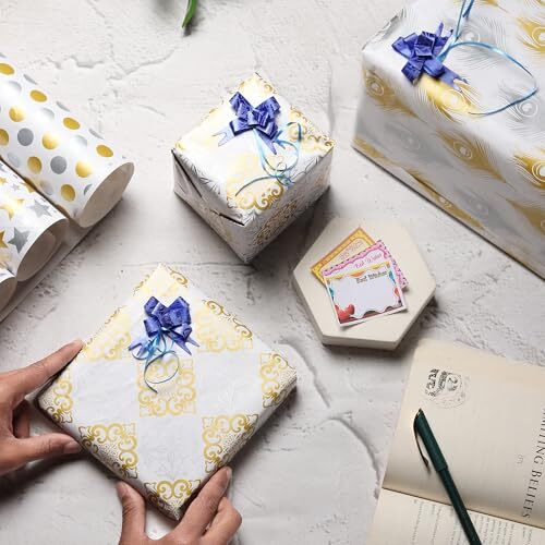 Ofixo (Md-104) Gift Wrapping Paper, Gift Paper, Roll, Gift Papers Sheets, Gift Cover Rapping Paper, Gift Packing Paper Sheet For Gift Packing (Mix Design - Pack Of 6 With 6 Ribbon & 6 Sticker)
