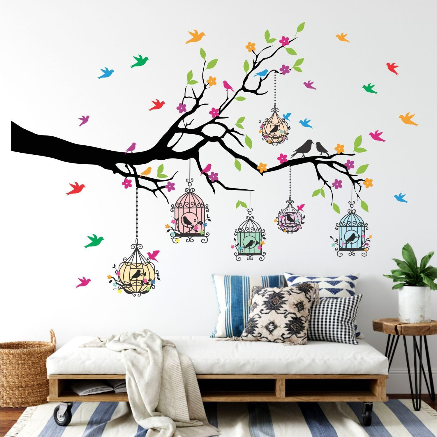Sticker Yard Pvc Vinyl Tree And Flowers Branch Leaves Self-Adhesive Wall Sticker For Home Decor/Decoration - Living Room, Bedroom, Kids Room (Multicolor, Size 127X84 Cms)