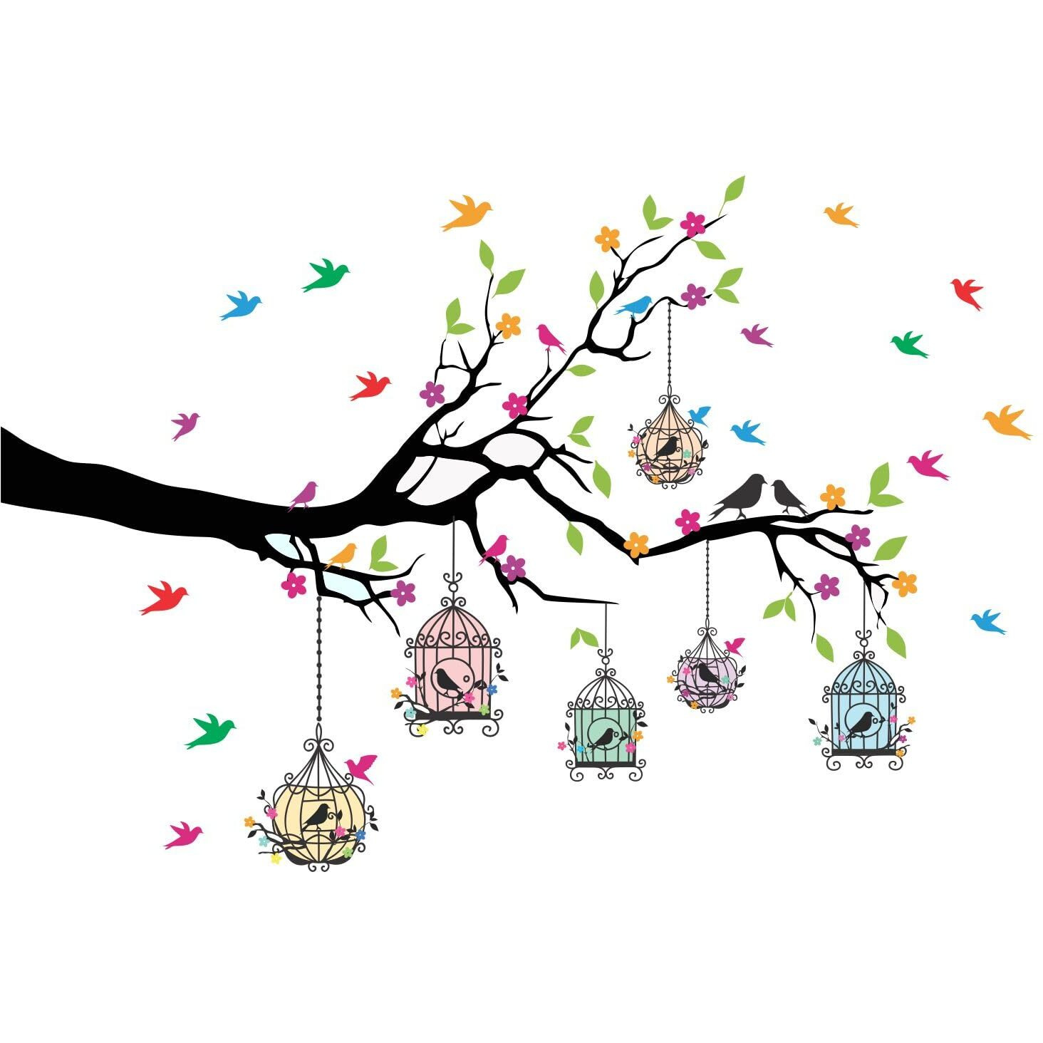 Sticker Yard Pvc Vinyl Tree And Flowers Branch Leaves Self-Adhesive Wall Sticker For Home Decor/Decoration - Living Room, Bedroom, Kids Room (Multicolor, Size 127X84 Cms)