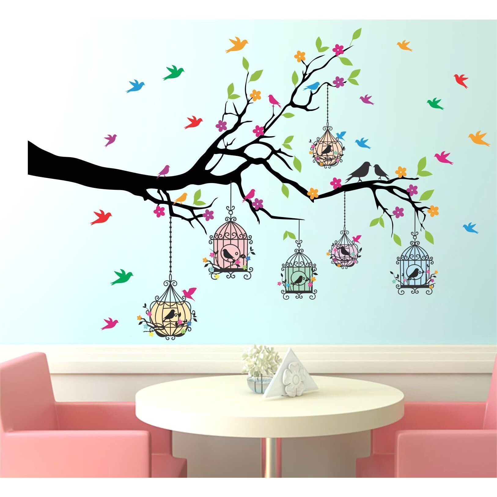 Sticker Yard Pvc Vinyl Tree And Flowers Branch Leaves Self-Adhesive Wall Sticker For Home Decor/Decoration - Living Room, Bedroom, Kids Room (Multicolor, Size 127X84 Cms)
