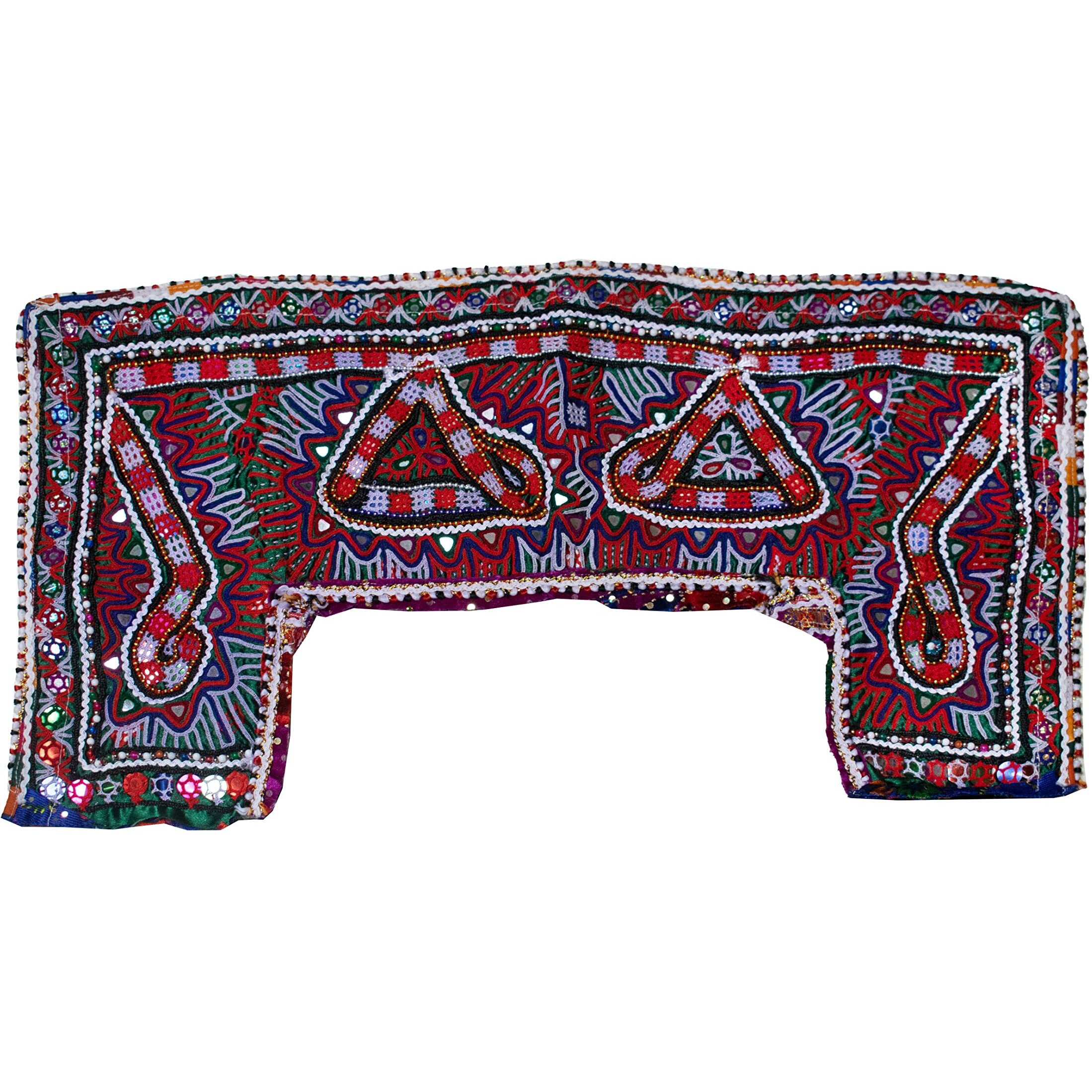 Ethnics Of Kutch Cotton Handwork Patch - Rabari (Banni, Heer Bharat) Embroidery On - 29 Cms Height X55 Cms Width - Antique Thread And Mirror Work - Multi Colour - Multi Colour