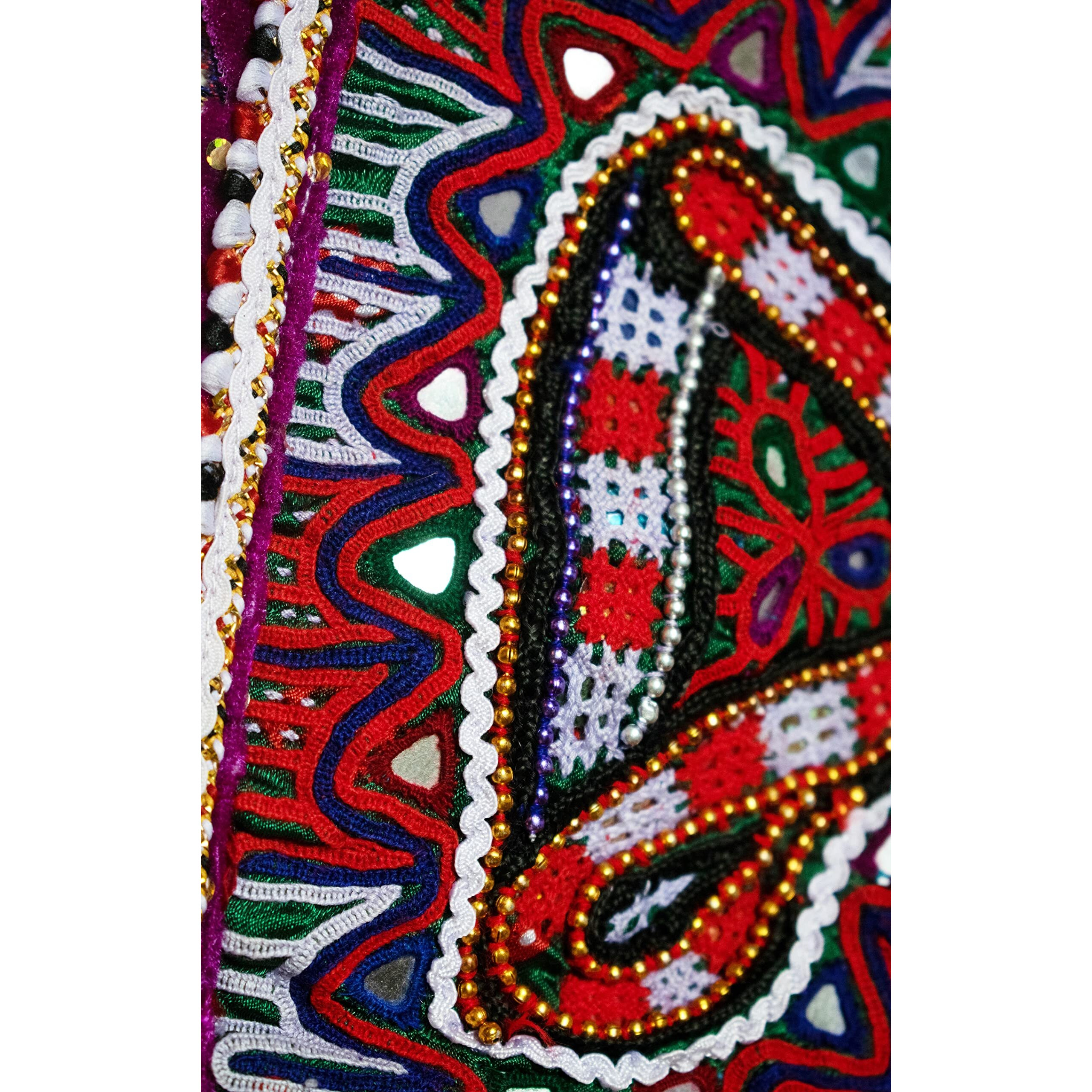 Ethnics Of Kutch Cotton Handwork Patch - Rabari (Banni, Heer Bharat) Embroidery On - 29 Cms Height X55 Cms Width - Antique Thread And Mirror Work - Multi Colour - Multi Colour