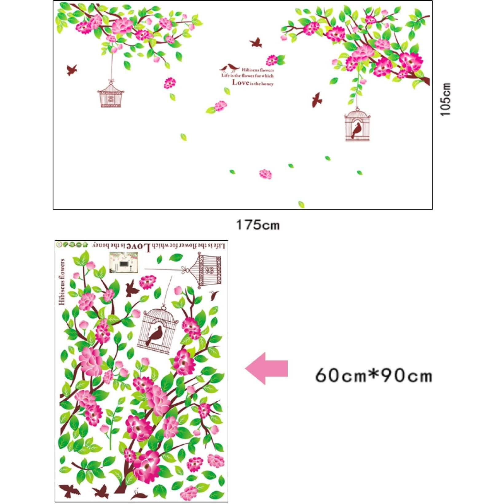 Jaamso Royals Large Pink Hibiscus Flower Bird Cage Wall Stickers For Living Room, Garden, Home (60 Cm X 90 Cm)