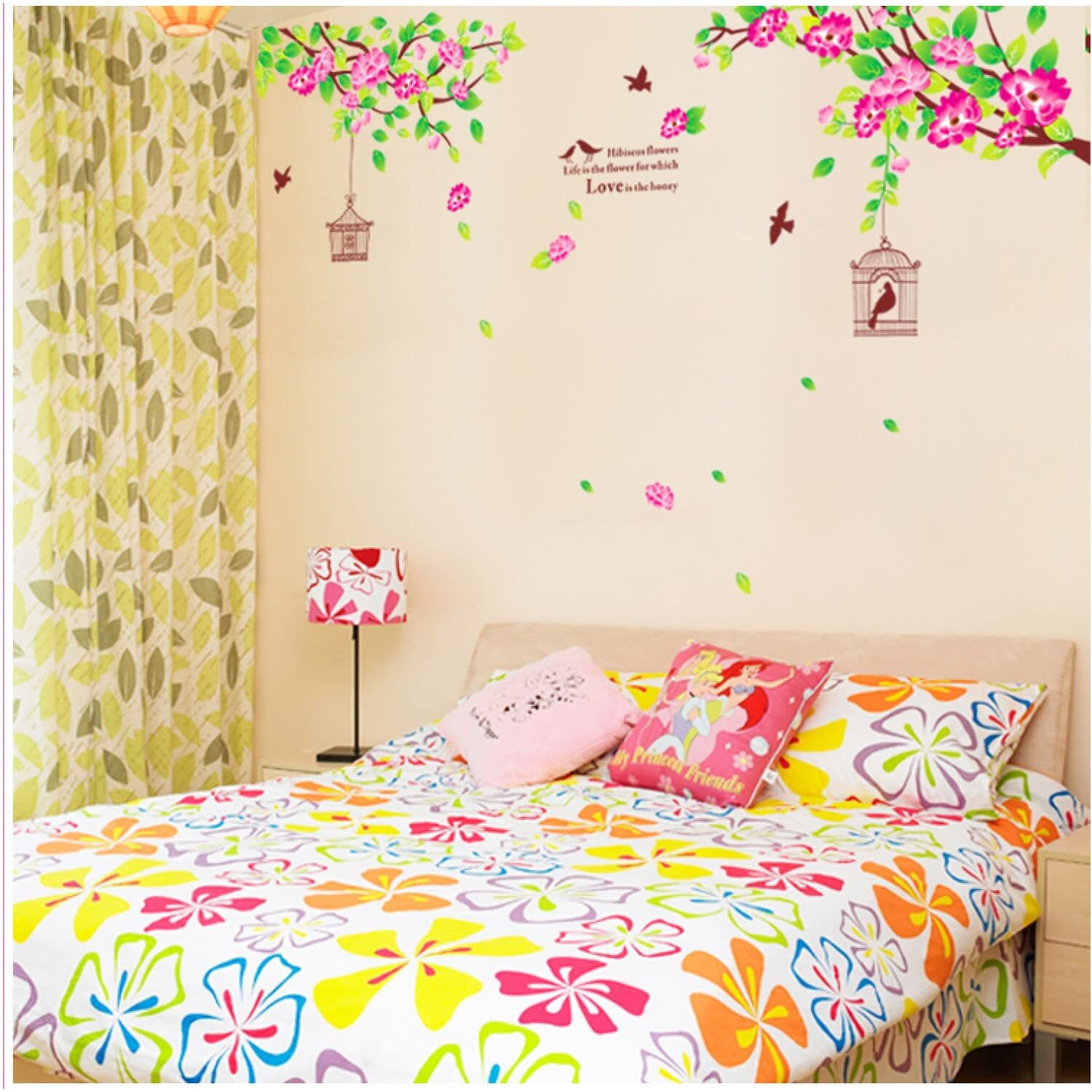 Jaamso Royals Large Pink Hibiscus Flower Bird Cage Wall Stickers For Living Room, Garden, Home (60 Cm X 90 Cm)