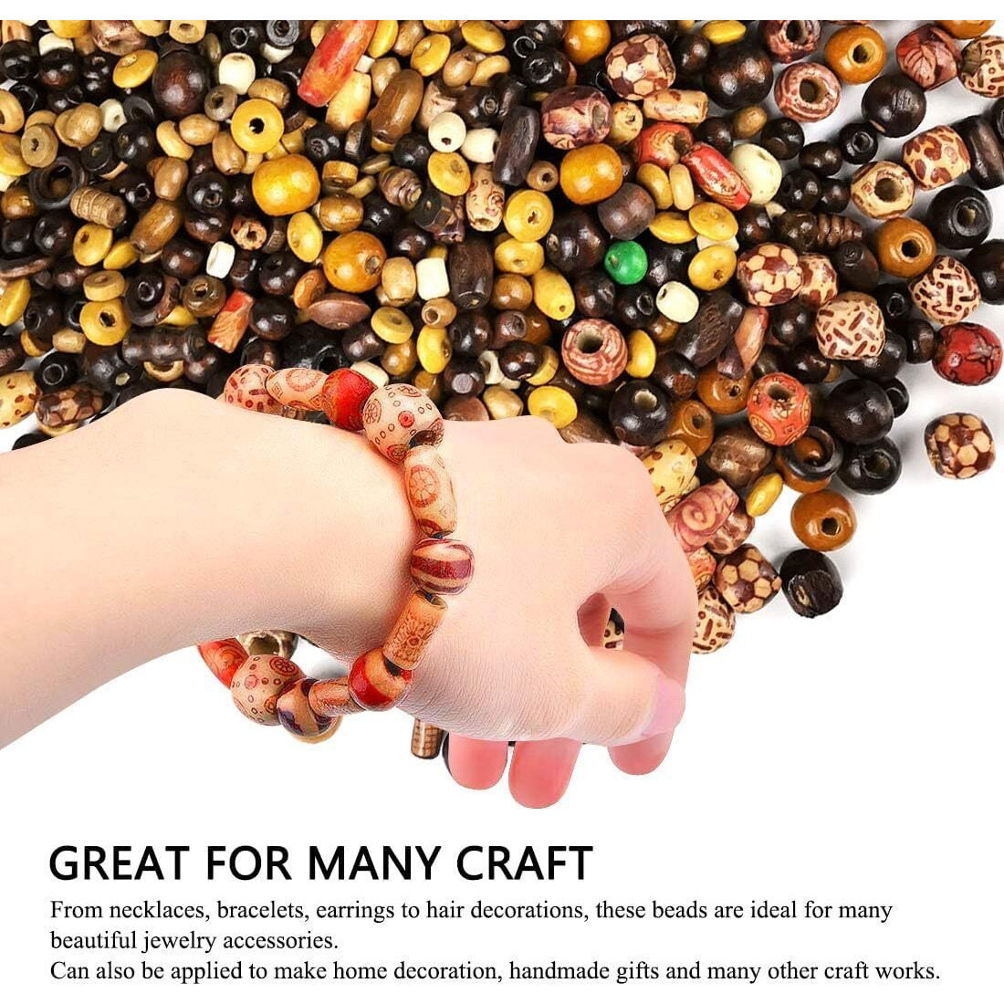 Diy Crafts 130, 3 Stretch Beaded & 130 Pieces Wooden Bead Set, Assorted African Beads, Women Loose Round Natural Macrame Beads Printed Barrel Beads For Jewelry Making Craft Hair Diy Bracelet Nec(130)