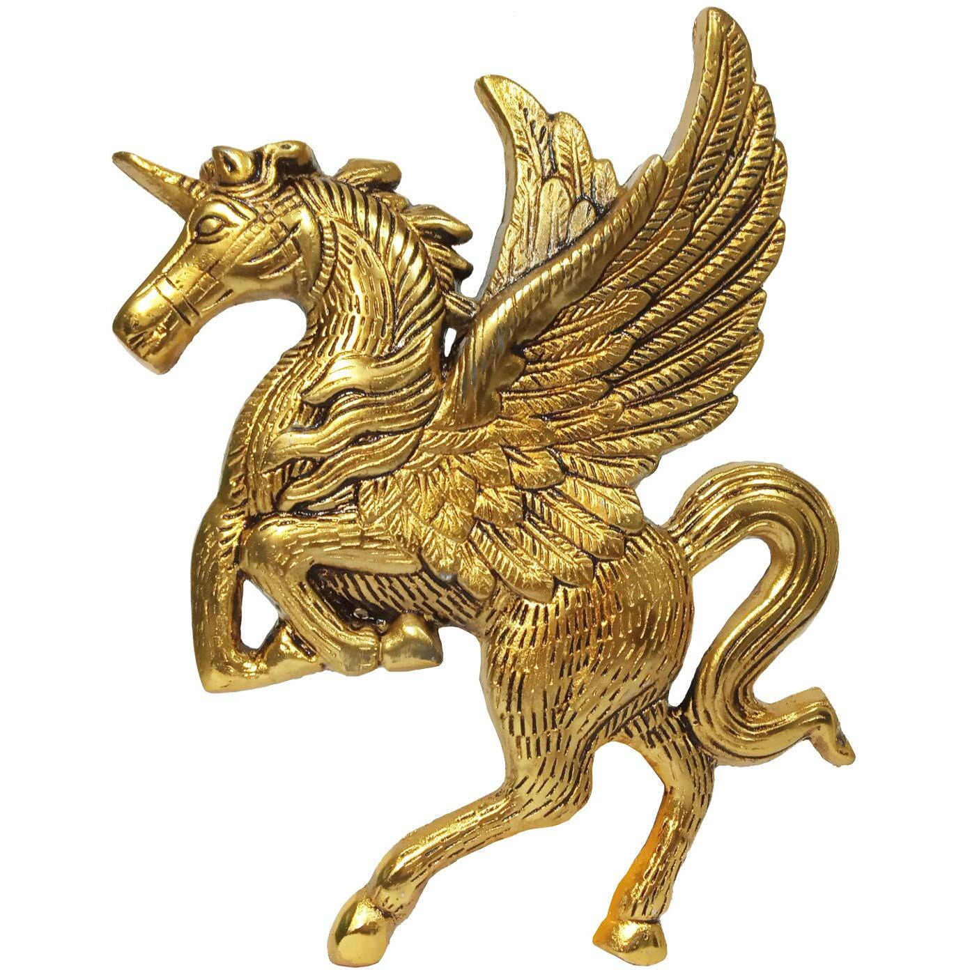 Purpledip Metal Statue Flying Horse Pegasus  Gold Finish Wall Hanging For Doors, Entrance, Temple, Walls (12182)
