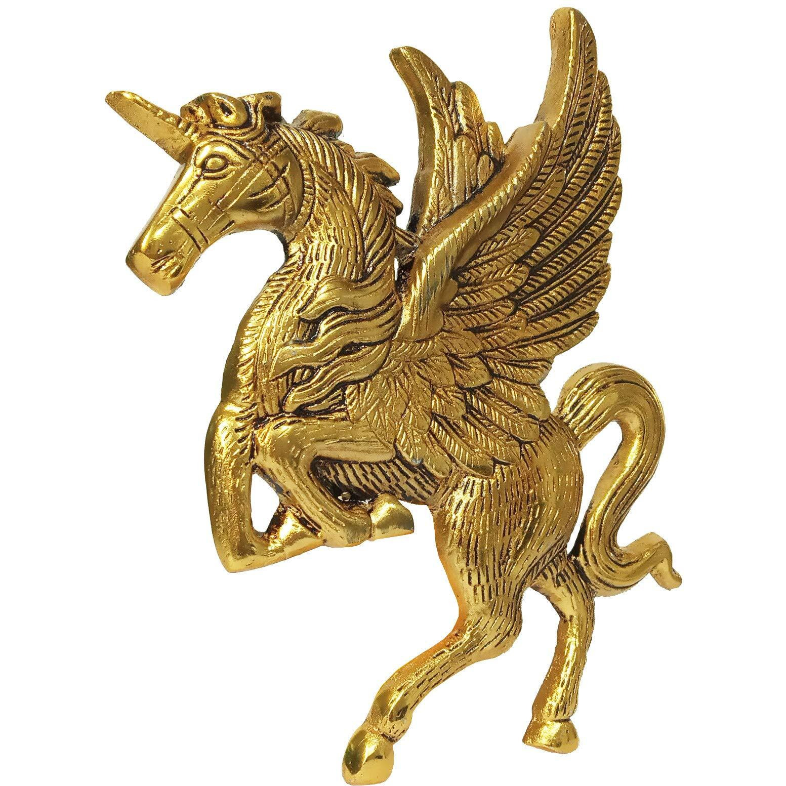 Purpledip Metal Statue Flying Horse Pegasus  Gold Finish Wall Hanging For Doors, Entrance, Temple, Walls (12182)