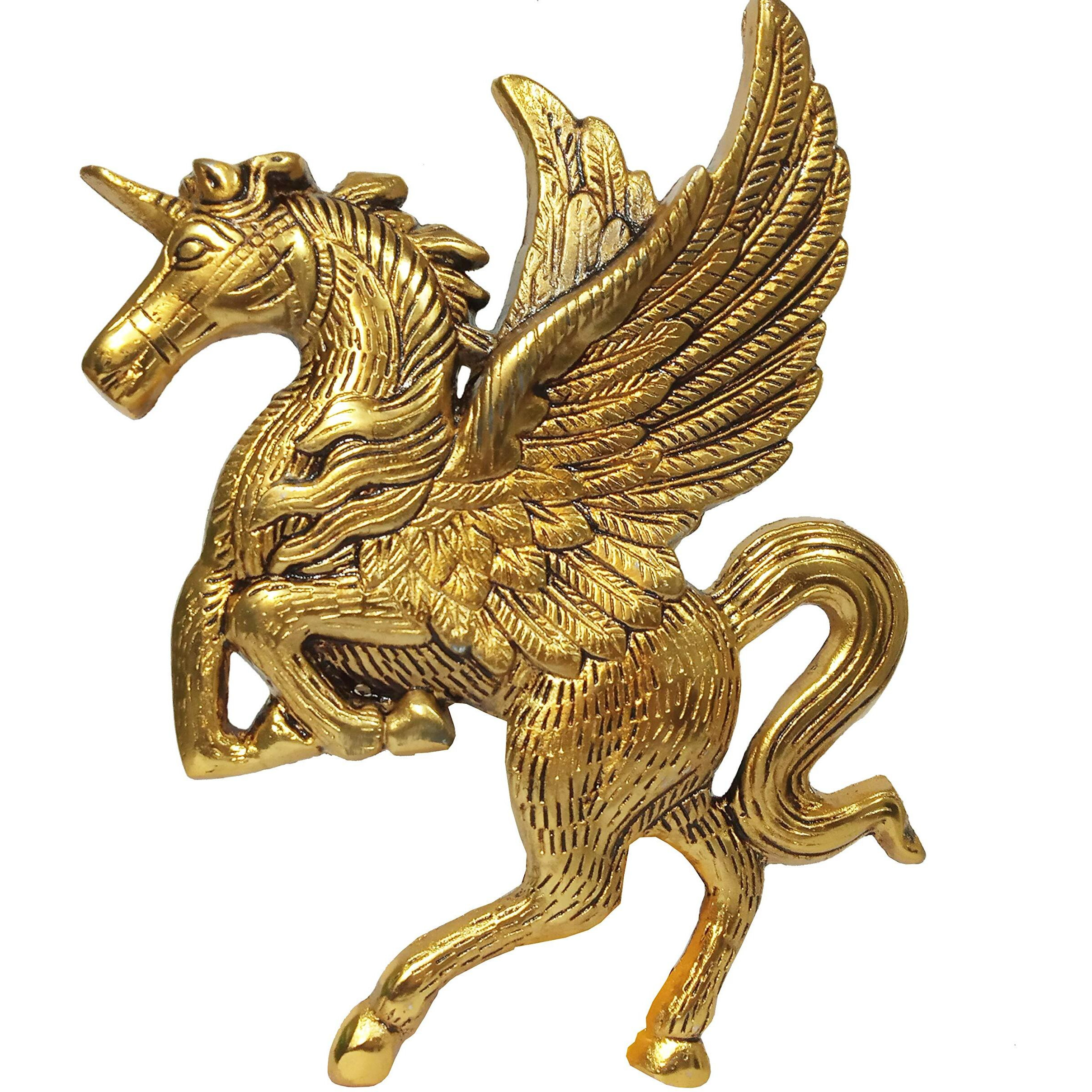 Purpledip Metal Statue Flying Horse Pegasus  Gold Finish Wall Hanging For Doors, Entrance, Temple, Walls (12182)