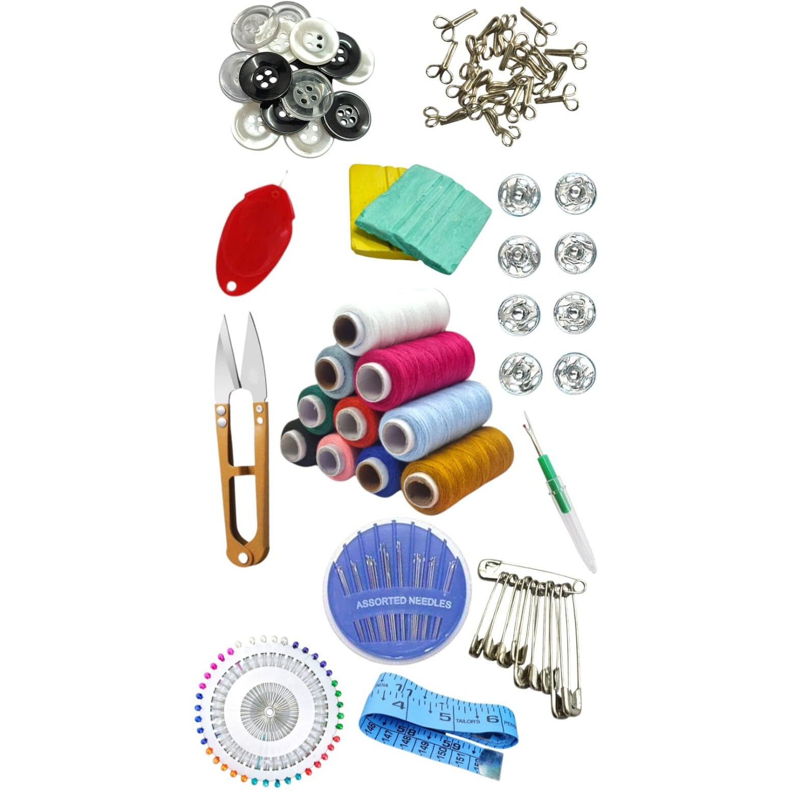 Rianz Tailoring Travel Sewing Sets Kit Box With 10 Thread Spool, Needles, Measure Tape, Shirt And Pant Buttons, Seam Ripper, Scissor, Pearl Pin Etc. With Sewing Kit Box. (Pack Of 133 Pcs)