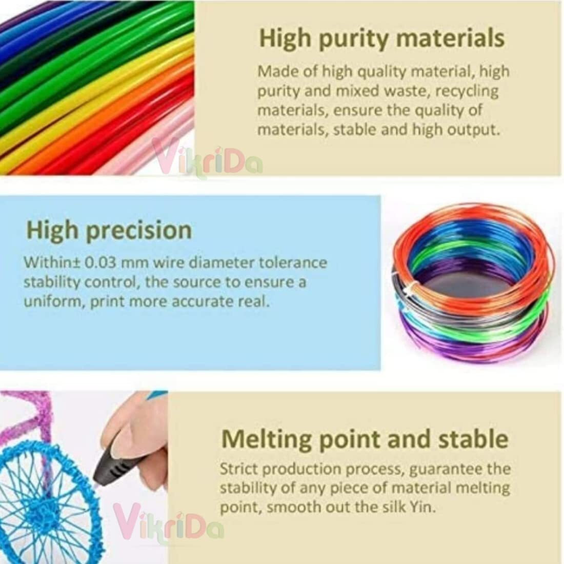 Vikrida Combo Set Of 3D Pen, Lcd Display With 10 Pcs 5 Metre +3 Pcs 5 Metre Different Color Of Pla Filament Refills (1.75 Mm), Creative Modelling, Arts & Craft Kit - Multicolor, Kids