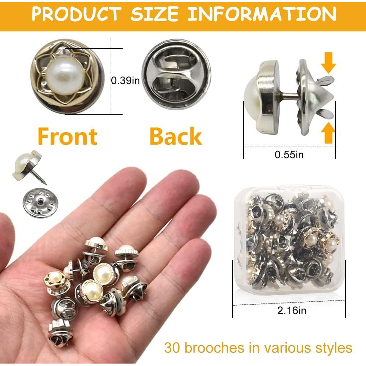 Feinerman 30 Pcs Pearl Brooch Buttons For Women, Removable Mini Safety Pins For Cardigans, Dresses, Sarees, Hats, Instant Modesty Cover Up Button For Shirts, Jeans, Sweaters, And Diy Clothing