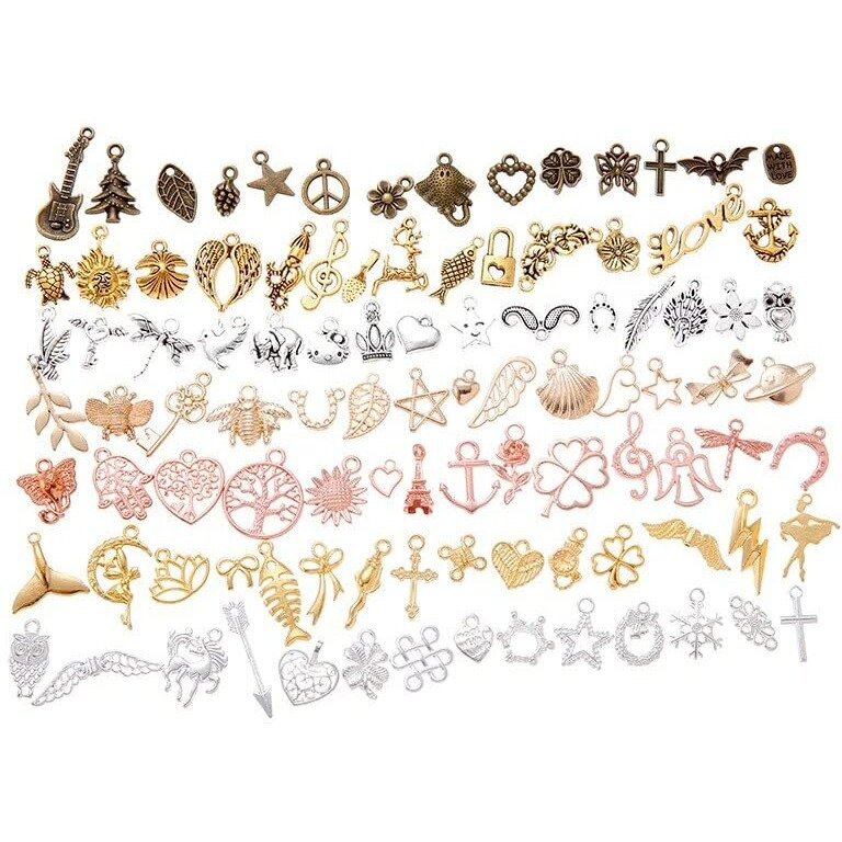 Street27 100Pcs Retro Style Vintage Jewelry Making Charms Mixed Smooth Tibetan Antique Metal Charms Pendants Diy For Necklace Bracelet Earrings Making Accessories (7 Mixed Colors, Multi)