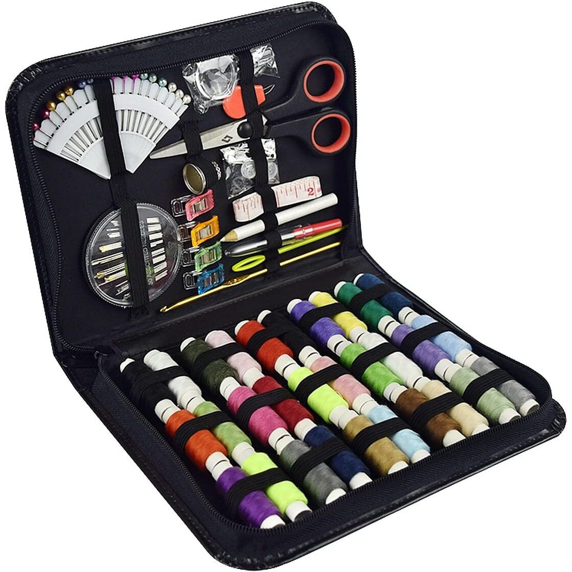 Wolpin 100 Pcs Sewing Kit Pu Bag | Sewing Stitching Supplies | Accessories 30 Pcs Thread Spools, Scissors, Needles, Portable, Measuring Tape Diy, Adults, Beginners, Emergency, Travel, Home Black
