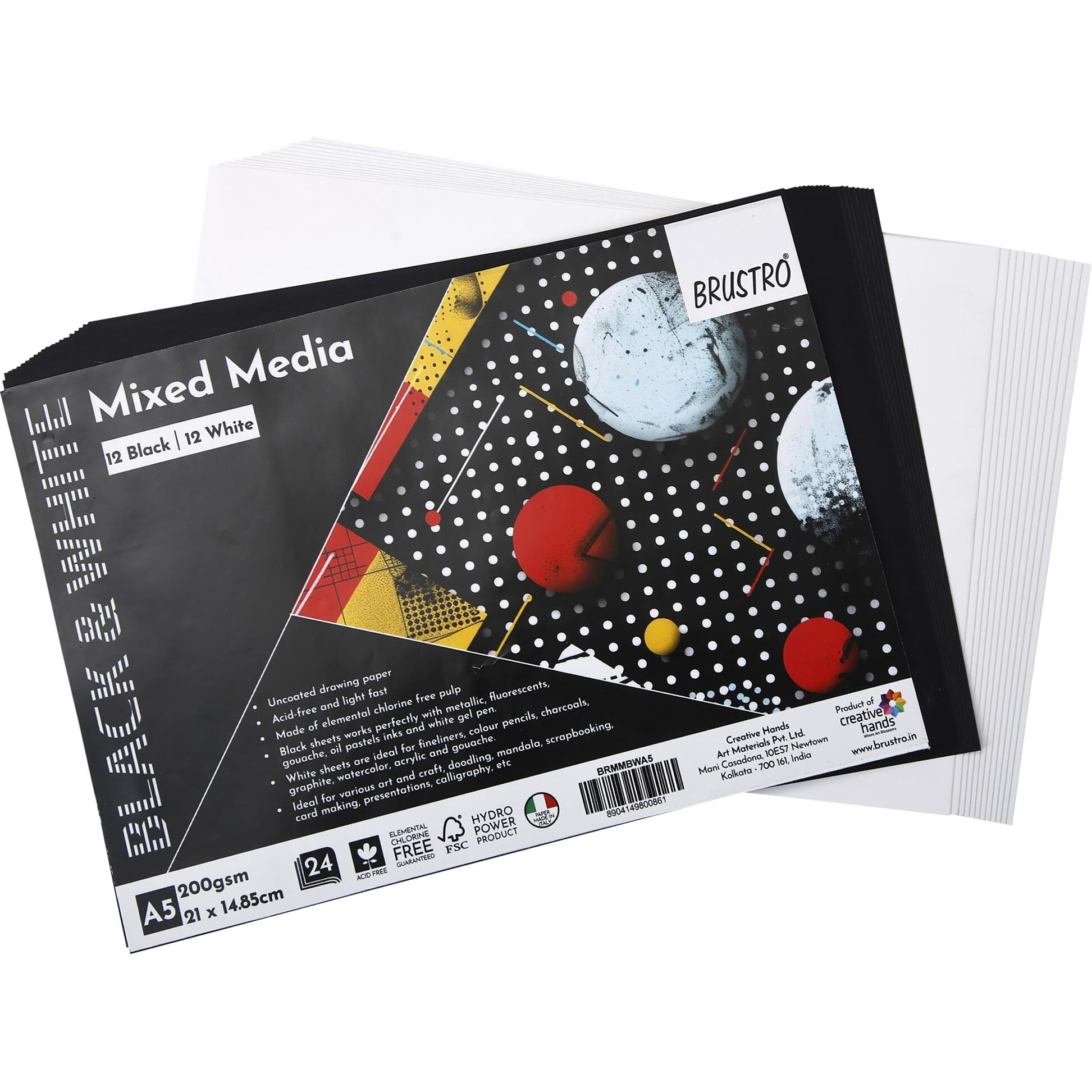 Brustro Artist Mixed Media Paper - A5, 200 Gsm, Set Of 24 (12 Black+12 White Sheets) | Ideal For Charcoal, Graphite, Pastel, Mandalas, Pen, Doodling, Scrapbooking, Card-Making, Calligraphy.