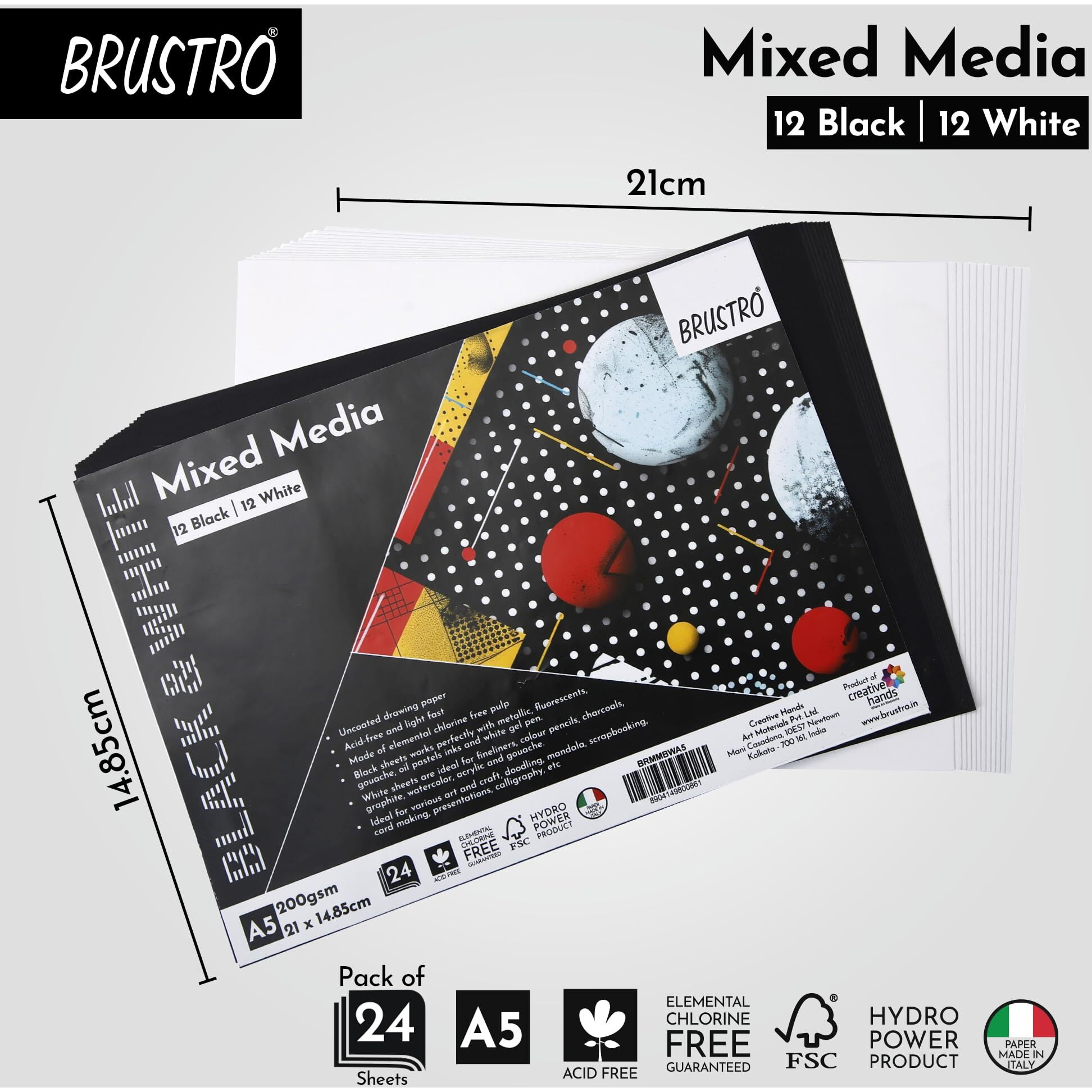 Brustro Artist Mixed Media Paper - A5, 200 Gsm, Set Of 24 (12 Black+12 White Sheets) | Ideal For Charcoal, Graphite, Pastel, Mandalas, Pen, Doodling, Scrapbooking, Card-Making, Calligraphy.