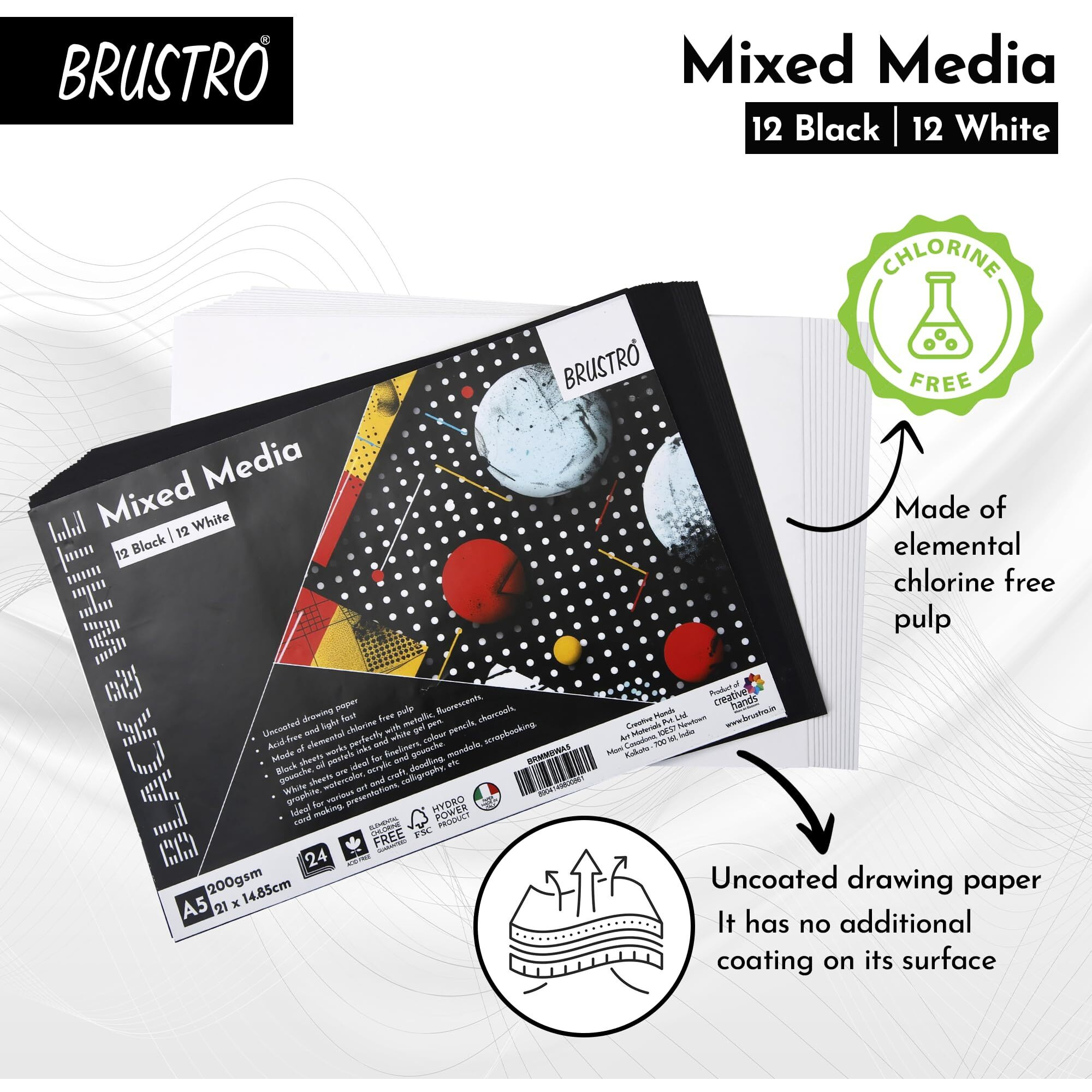 Brustro Artist Mixed Media Paper - A5, 200 Gsm, Set Of 24 (12 Black+12 White Sheets) | Ideal For Charcoal, Graphite, Pastel, Mandalas, Pen, Doodling, Scrapbooking, Card-Making, Calligraphy.