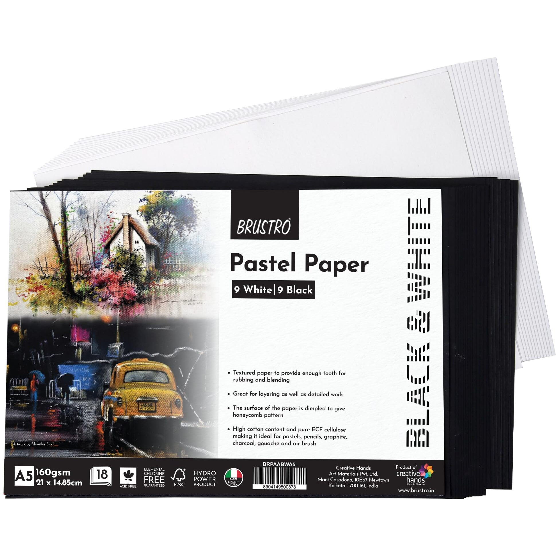 Brustro Artist Pastel Paper - A5, 160 Gsm, Set Of 18 (9 White+9 Black Sheets) | Ideal For Pastels, Colour Pencil, Graphite, Charcoal, Dry Media.