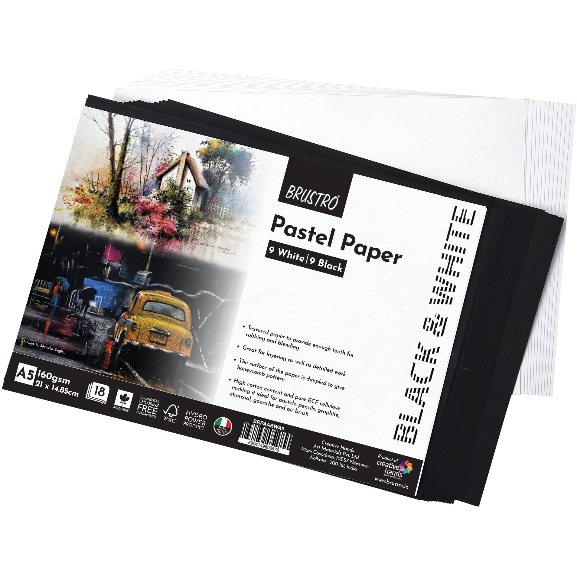 Brustro Artist Pastel Paper - A5, 160 Gsm, Set Of 18 (9 White+9 Black Sheets) | Ideal For Pastels, Colour Pencil, Graphite, Charcoal, Dry Media.