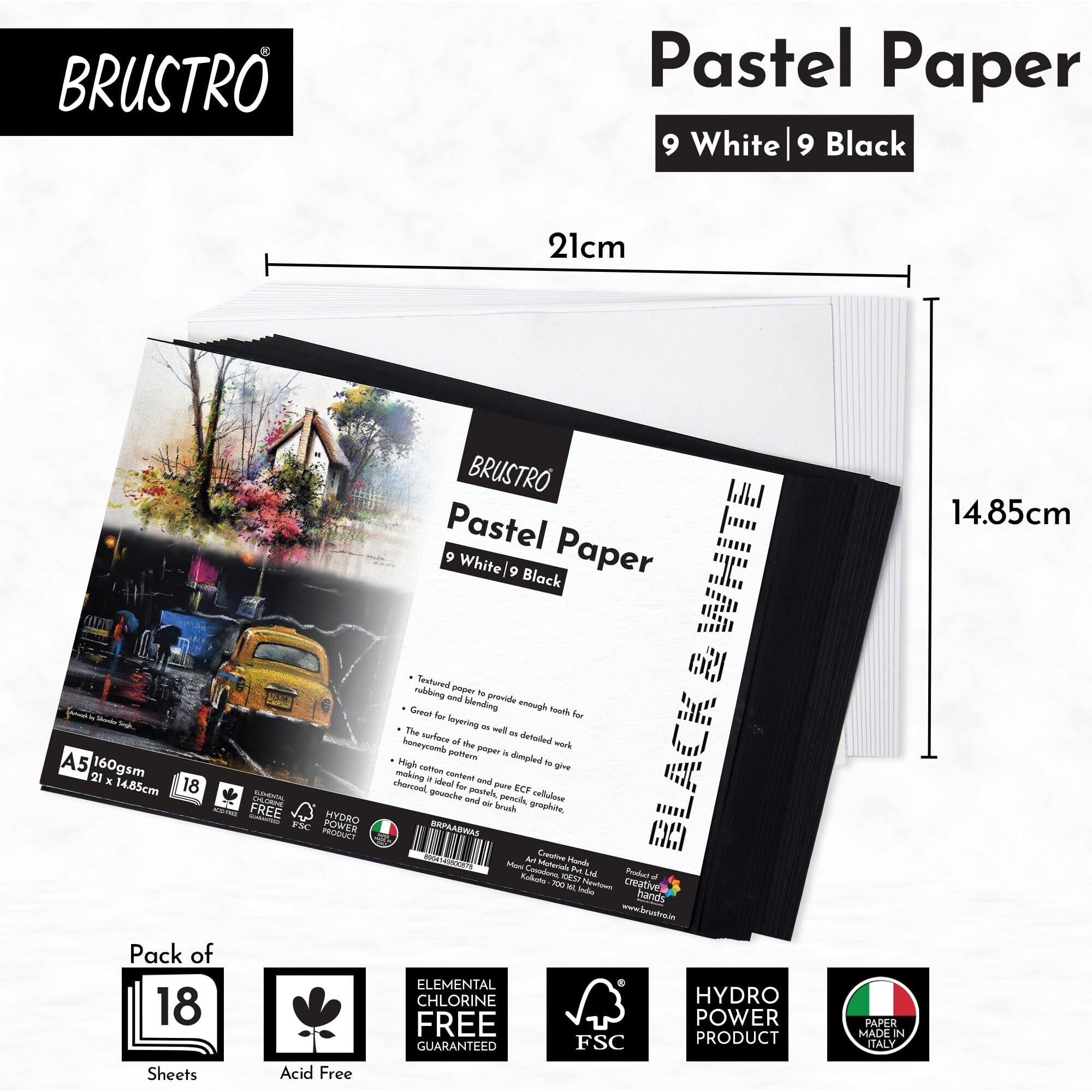Brustro Artist Pastel Paper - A5, 160 Gsm, Set Of 18 (9 White+9 Black Sheets) | Ideal For Pastels, Colour Pencil, Graphite, Charcoal, Dry Media.