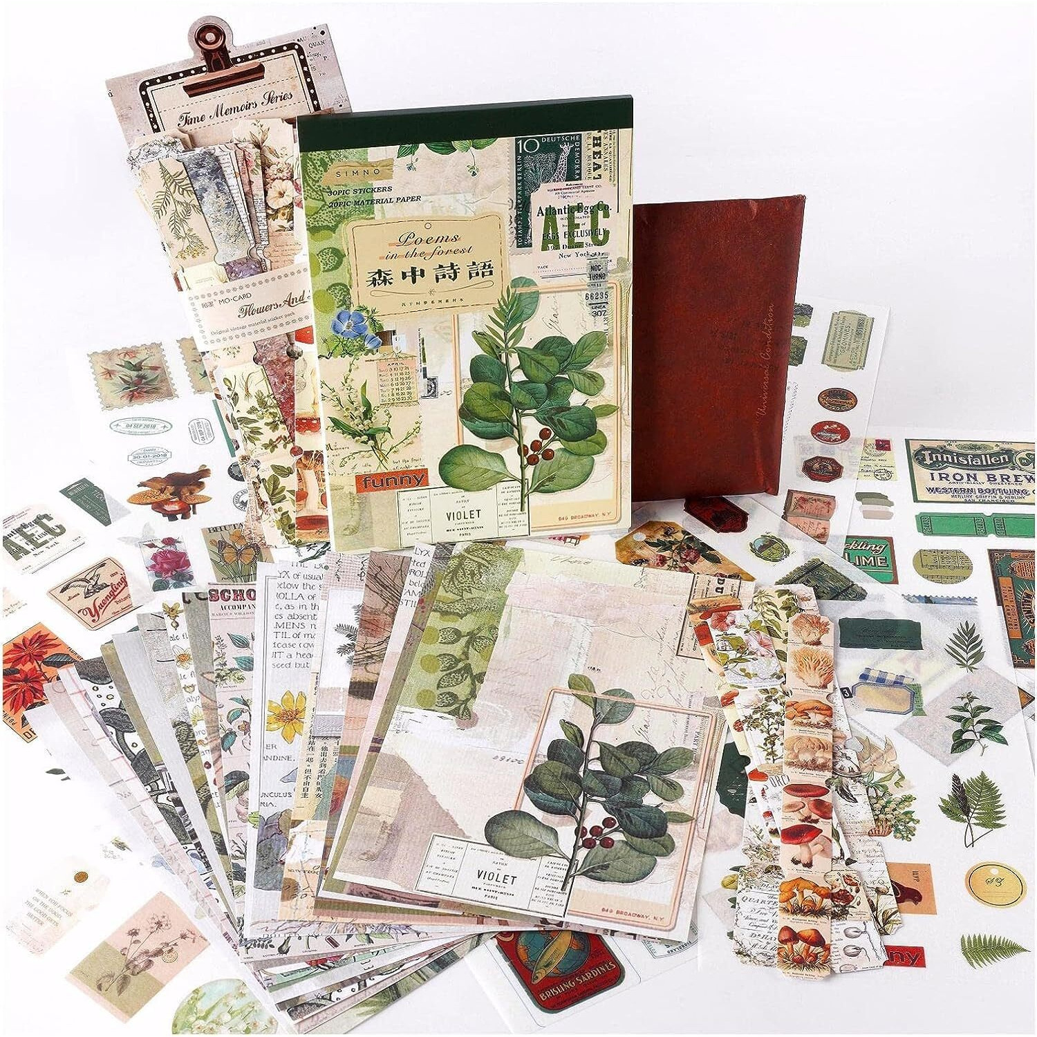 Buransh Vintage Scrapbook Stickers Papers Pack For Scrapbooking,A5 Ephemera Washi Sticker Book With Collage Papers And Botanical Labels Stickers For Junk Journaling Diy Art Craft (Poems In The Forest)