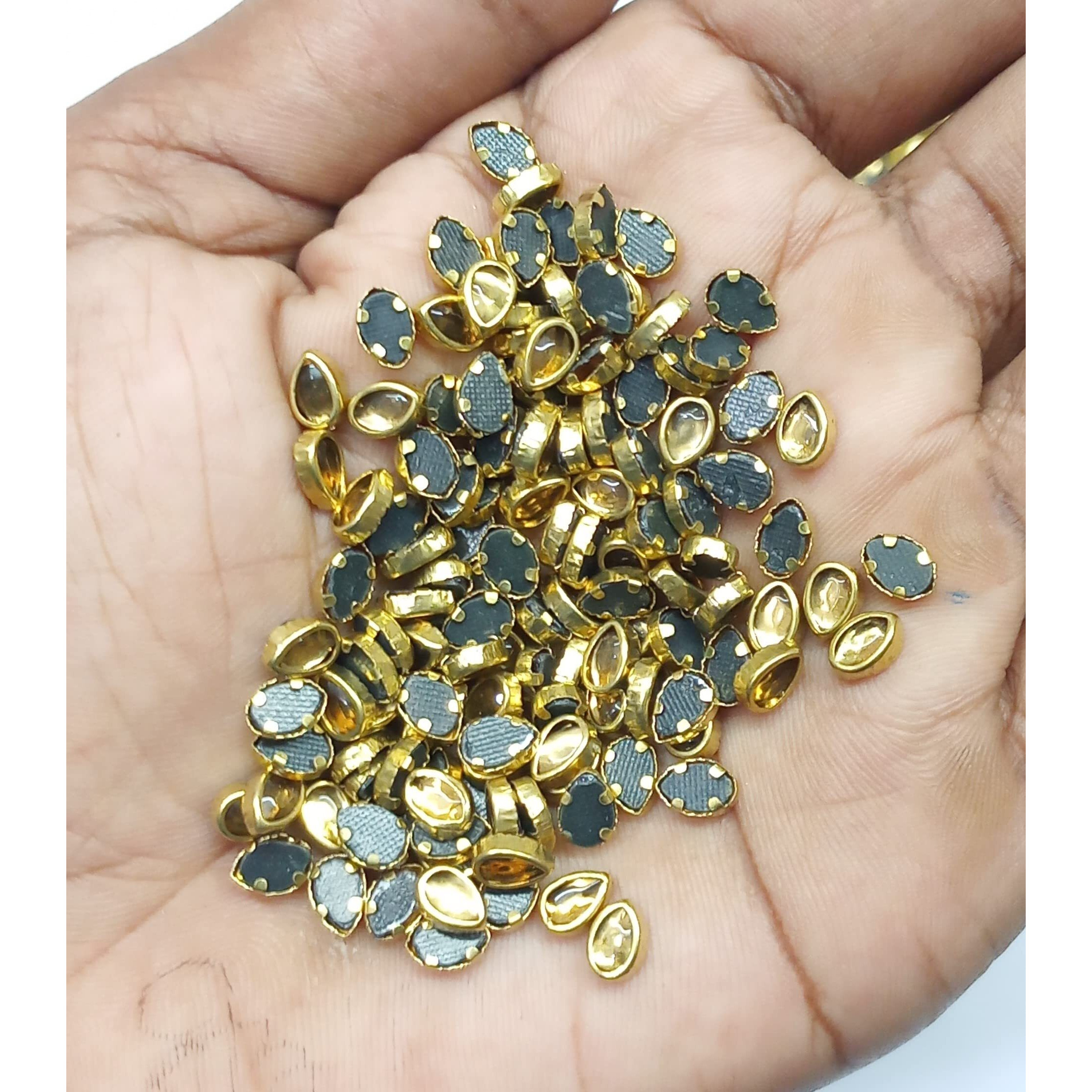 Omx 700 Pc, Kundan Stones Beads Flat Back Glue On Rhinestones For Jewellery Making & Embroidery Tear Drop Shape- 6X4 Mm (Golden Colour), 100 Gram