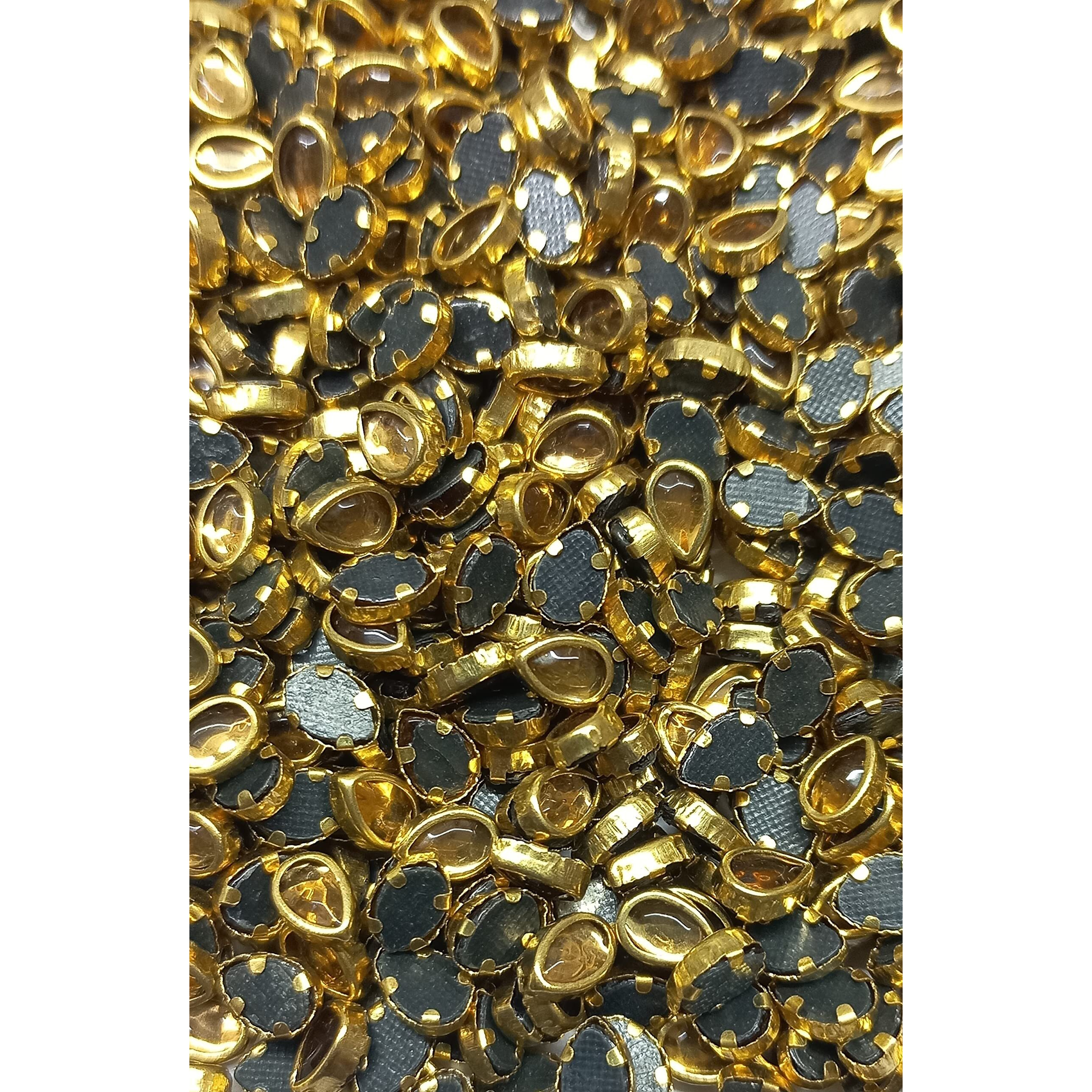 Omx 700 Pc, Kundan Stones Beads Flat Back Glue On Rhinestones For Jewellery Making & Embroidery Tear Drop Shape- 6X4 Mm (Golden Colour), 100 Gram