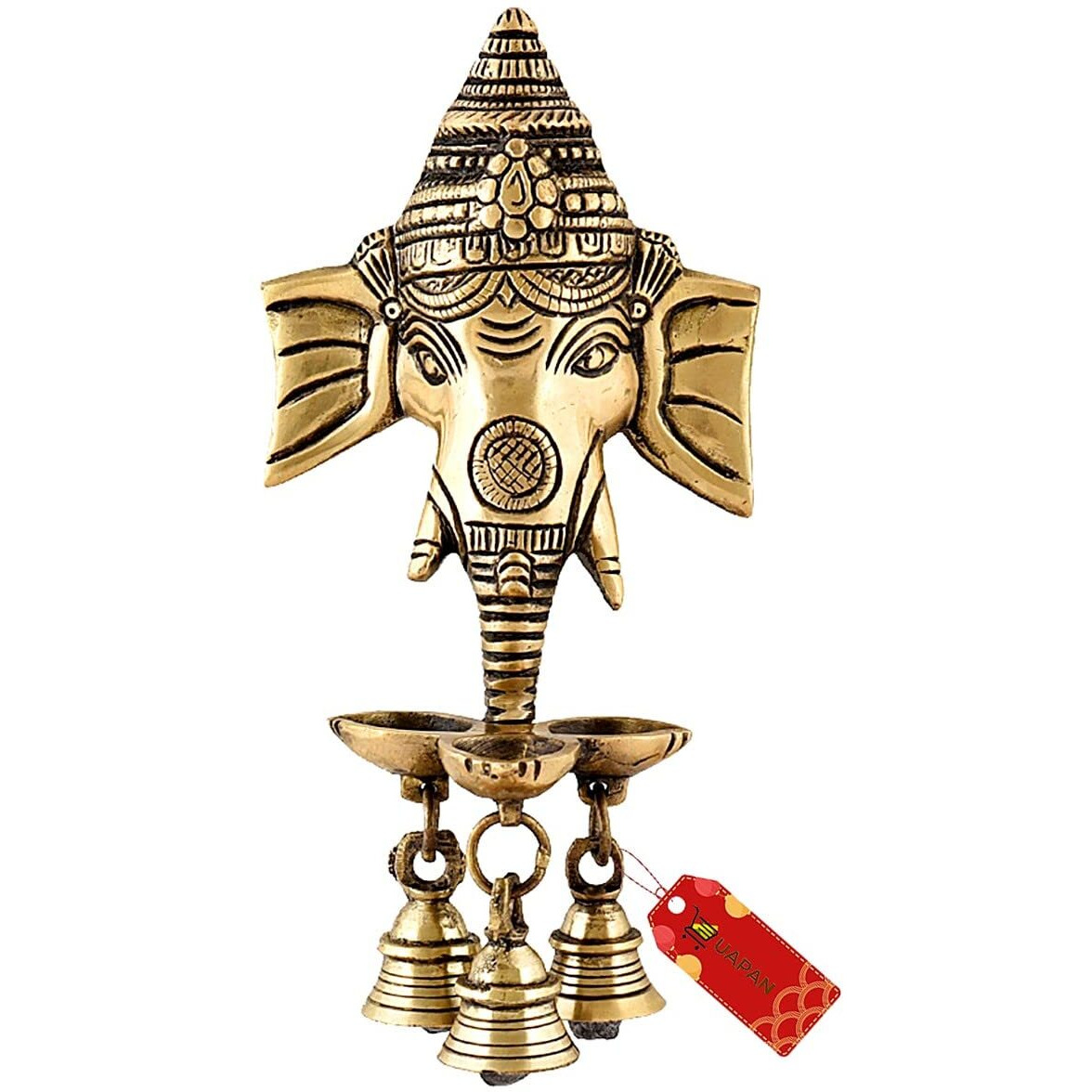 Uapan Brass Ganesha Wall Hanging Diya Decorative Wall Handing With Deepak Brass Bell For Diwali Temple Decor (11 Cm X 8 Cm X 24 Cm, Golden Brown)