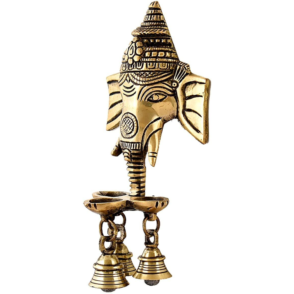 Uapan Brass Ganesha Wall Hanging Diya Decorative Wall Handing With Deepak Brass Bell For Diwali Temple Decor (11 Cm X 8 Cm X 24 Cm, Golden Brown)