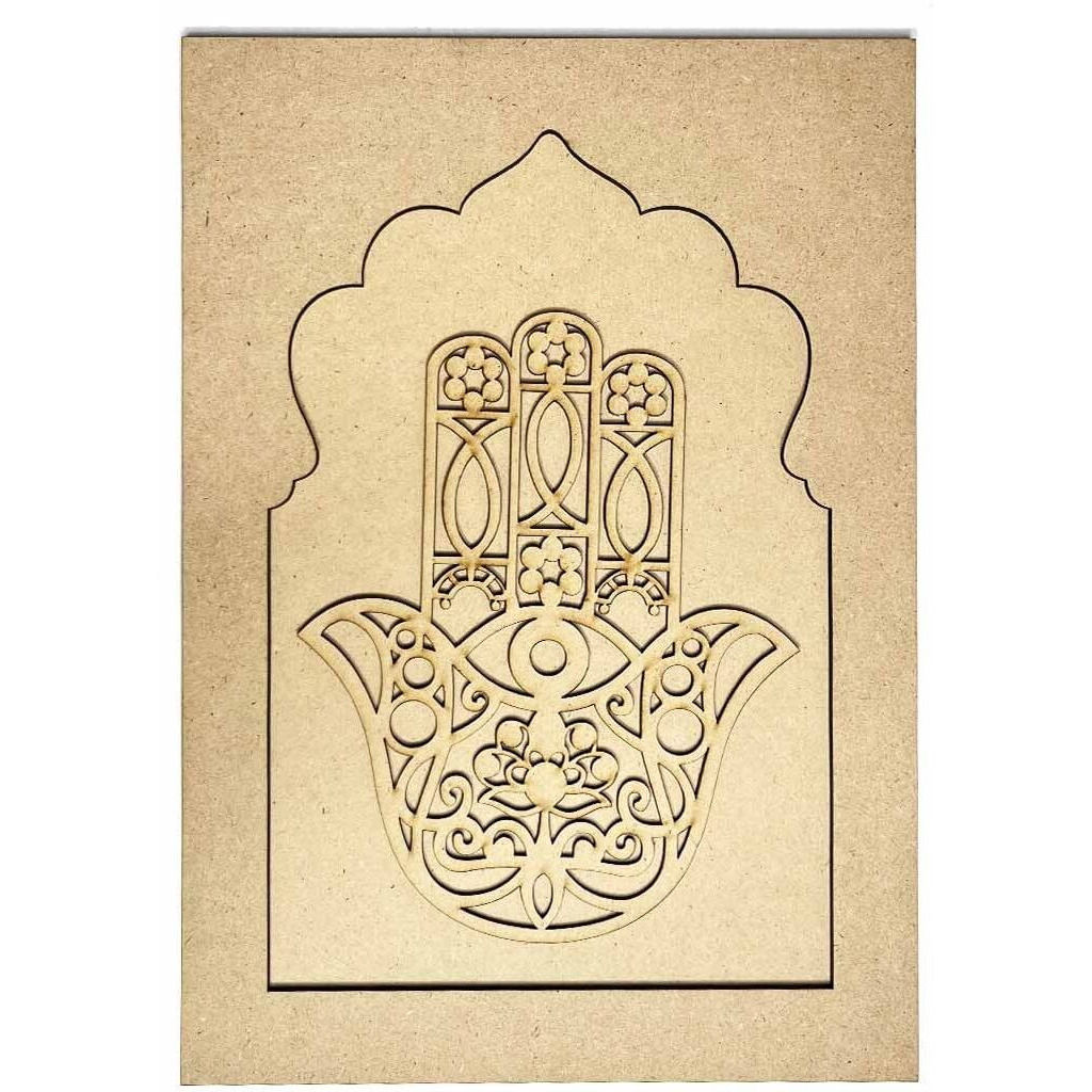 Adikala Mdf Jharokha With Laser Cutting Hamsa Hand & Square Shaped Base Cutout For Diy Craft