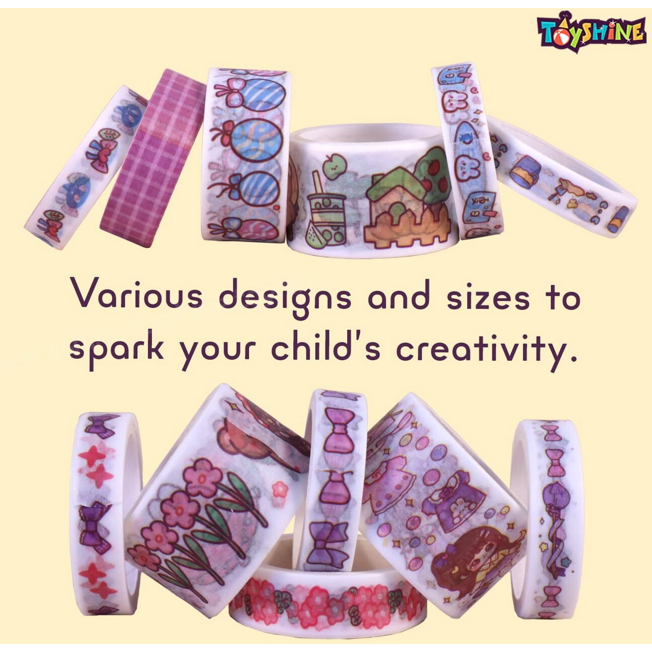 Toyshine Washi Tape Set - 100 Pcs Designer Decorative Masking Tapes With 20 Pcs Kawaii Stickers, Tweezer, Pen And Spatula In 3 Layer Box, Tapes For Diy Art & Crafts, Wrapping
