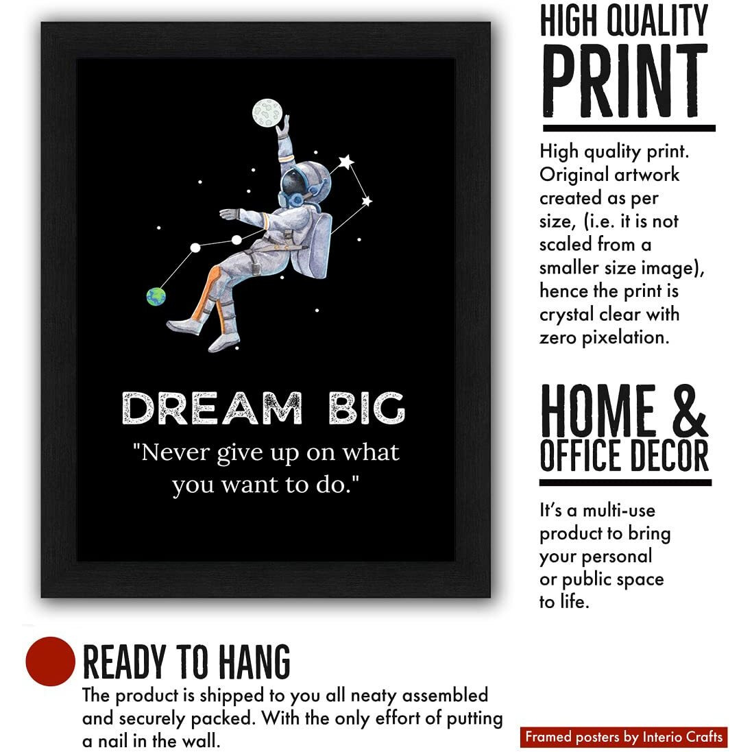 Interio Crafts - Dream Big Motivational Quote Poster - Inspirational Quotes Wall Frames For Home And Office Wall Decoration - Synthetic Wood - 13 X 10 Inches