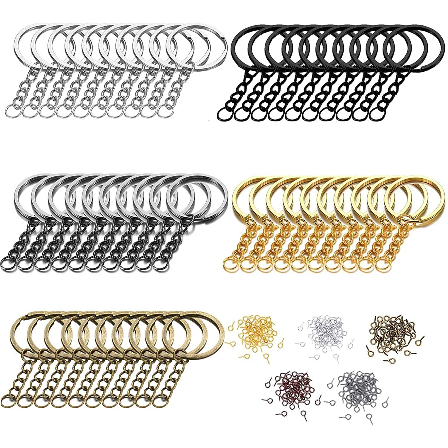 Diy Crafts 30 Pcs, Antique Gold, Split Key Ring With Chain Set, Metal Flat Keychain Rings 1 Inch With Open Jump Rings And Screw Eye Pins Bulk, Colors, For Resin Je (30 Pcs, Antique Gold)
