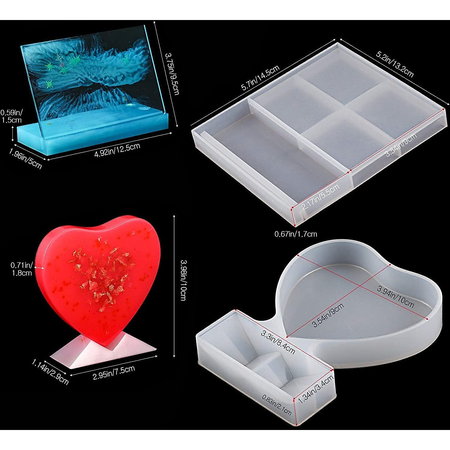Venzina 16 Pcs/Set Photo Frame Moulds With Bases Rectangle & Heart Shape Resin Moulds Silicone Casting Moulds Epoxy Moulds For Diy Craft Decoration For Birthday Gift