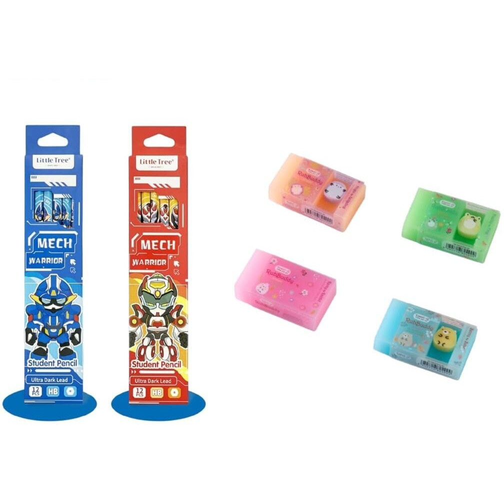 24 Pcs Pencil And 4 Vibrant Colours Rub-A-Long Eraser For Kids,Stationary Set, Rubber Eraser, Kawaii Erasers, Fancy Erasers For Birthday Return Gift (Pencil + E3202)