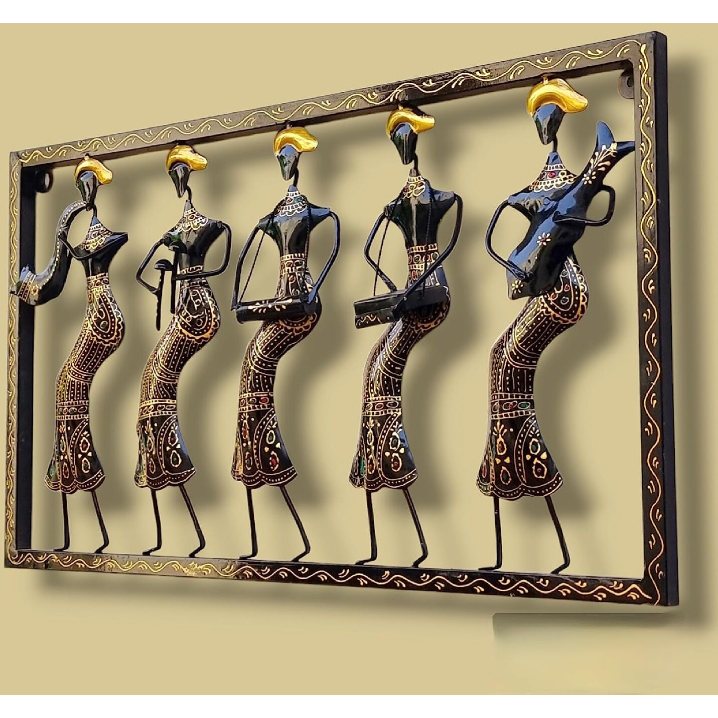 Anshika International Antique 5 Musicians Doll Black Metal Wall Art Frame, Wall Hangings For Home Decoration, Wall Sculpture For Living Room, Wall Hanging Decorative Items (Size 31X17 In)