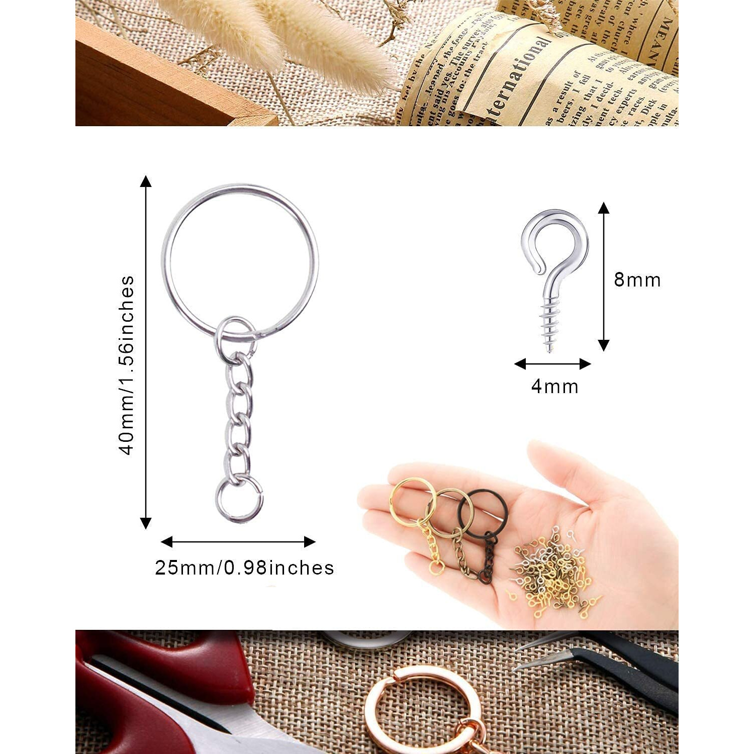 Diy Crafts 5 Pcs, Chrome Gold, Split Key Ring With Chain Set, Metal Flat Keychain Rings 1 Inch With Open Jump Rings And Screw Eye Pins Bulk, Colors, For Resin Jewe (5 Pcs, Chrome Gold)