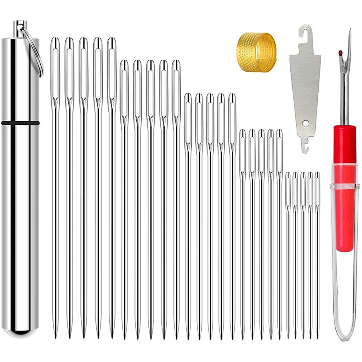 Hasthip 25Pcs Sewing Needle Set Large-Eyed Embroidery Needles 5 Sizes Easy Threading Sewing Needles With Storage Case Thread Cutter Threader Thimble For Leather Craft