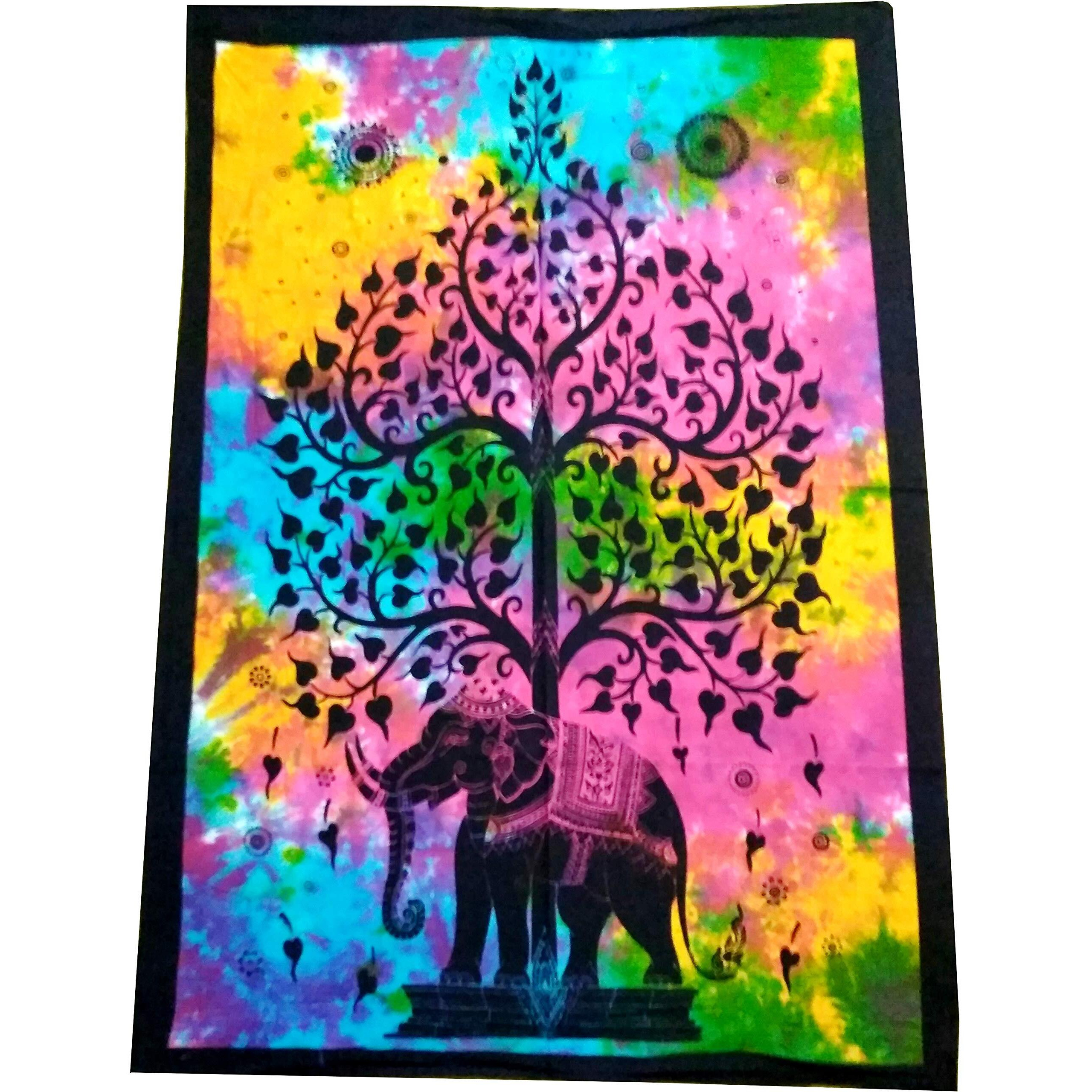 Purpledip Cotton Wall Poster Beach Throw 'Elephant & Tree-Of-Life' Bohemian Wall Hanging Tapestry (20031)
