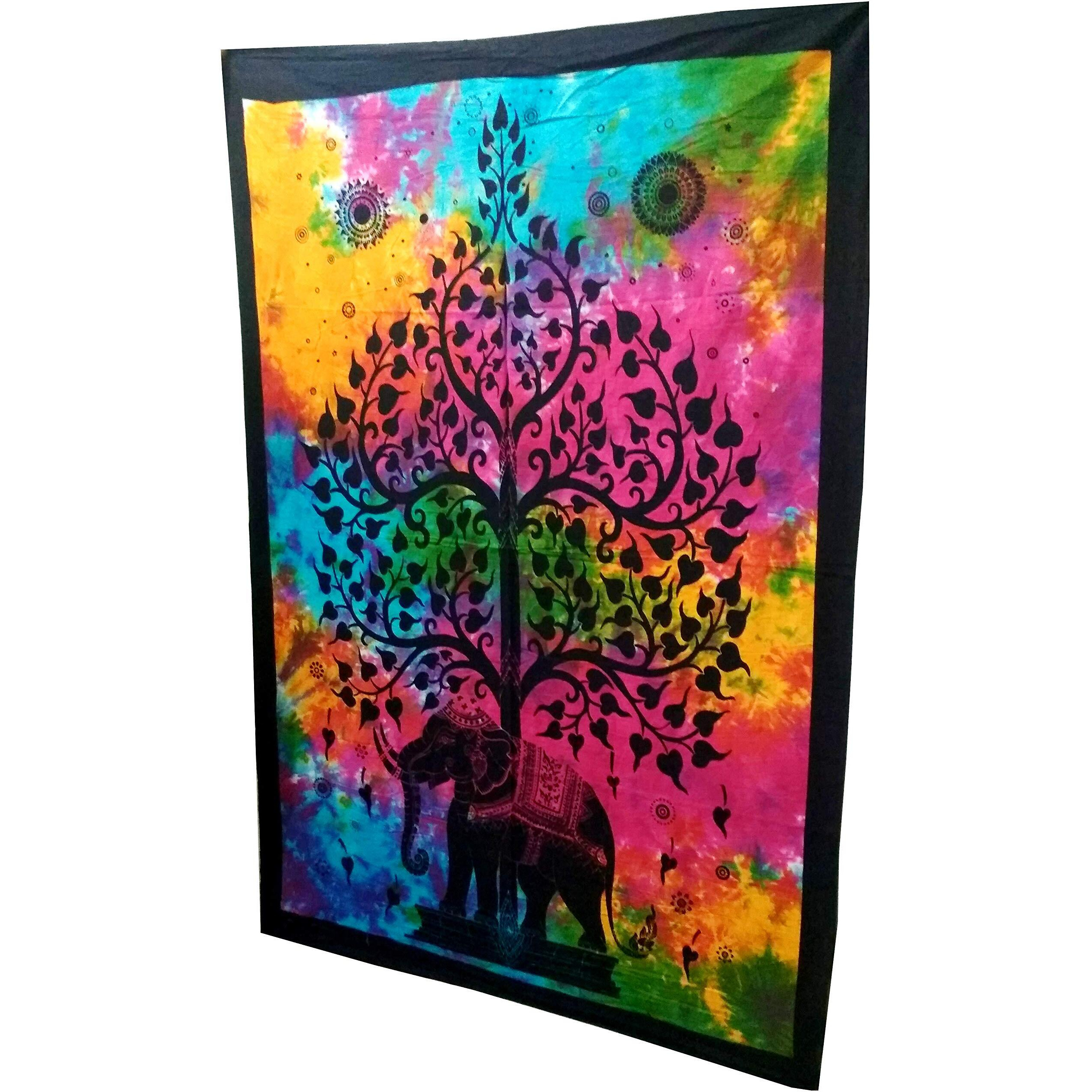 Purpledip Cotton Wall Poster Beach Throw 'Elephant & Tree-Of-Life' Bohemian Wall Hanging Tapestry (20031)