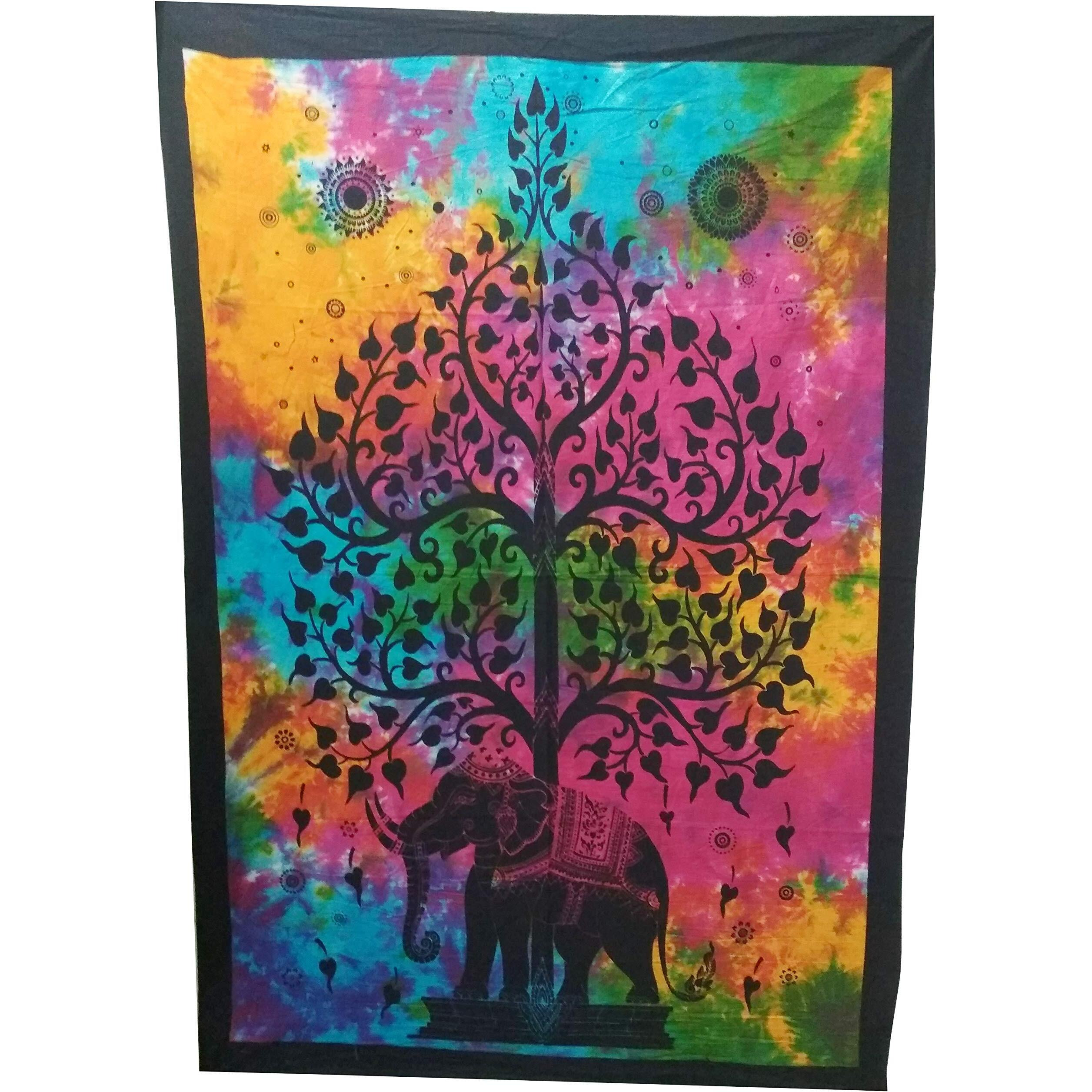 Purpledip Cotton Wall Poster Beach Throw 'Elephant & Tree-Of-Life' Bohemian Wall Hanging Tapestry (20031)