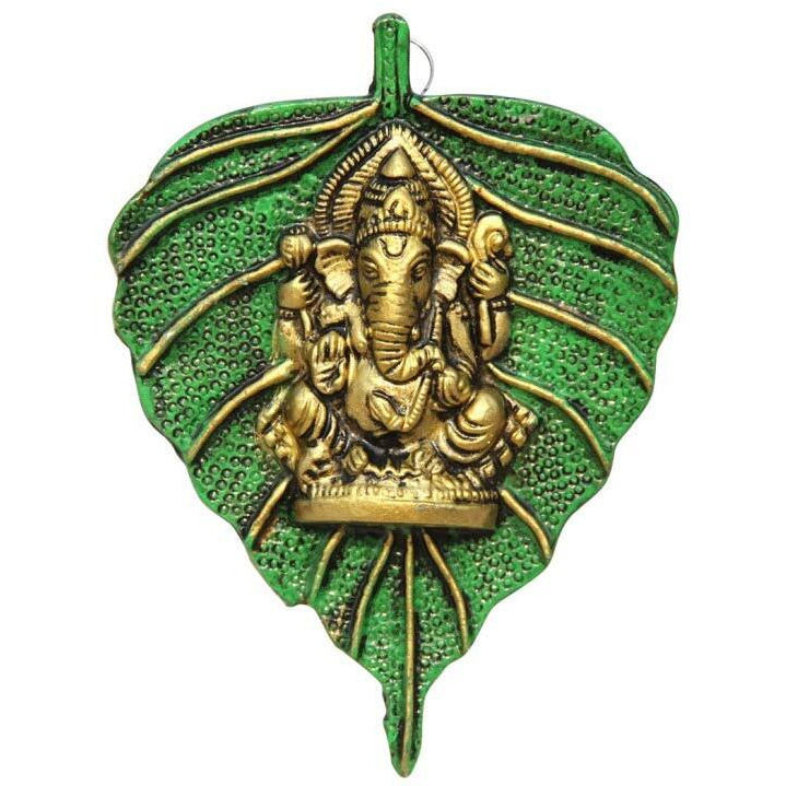 Handicrafts Paradise Ganesha Placed On Leaf Aluminium Metal Wall Hanging (10.2 Cm X 1.9 Cm X 14 Cm)