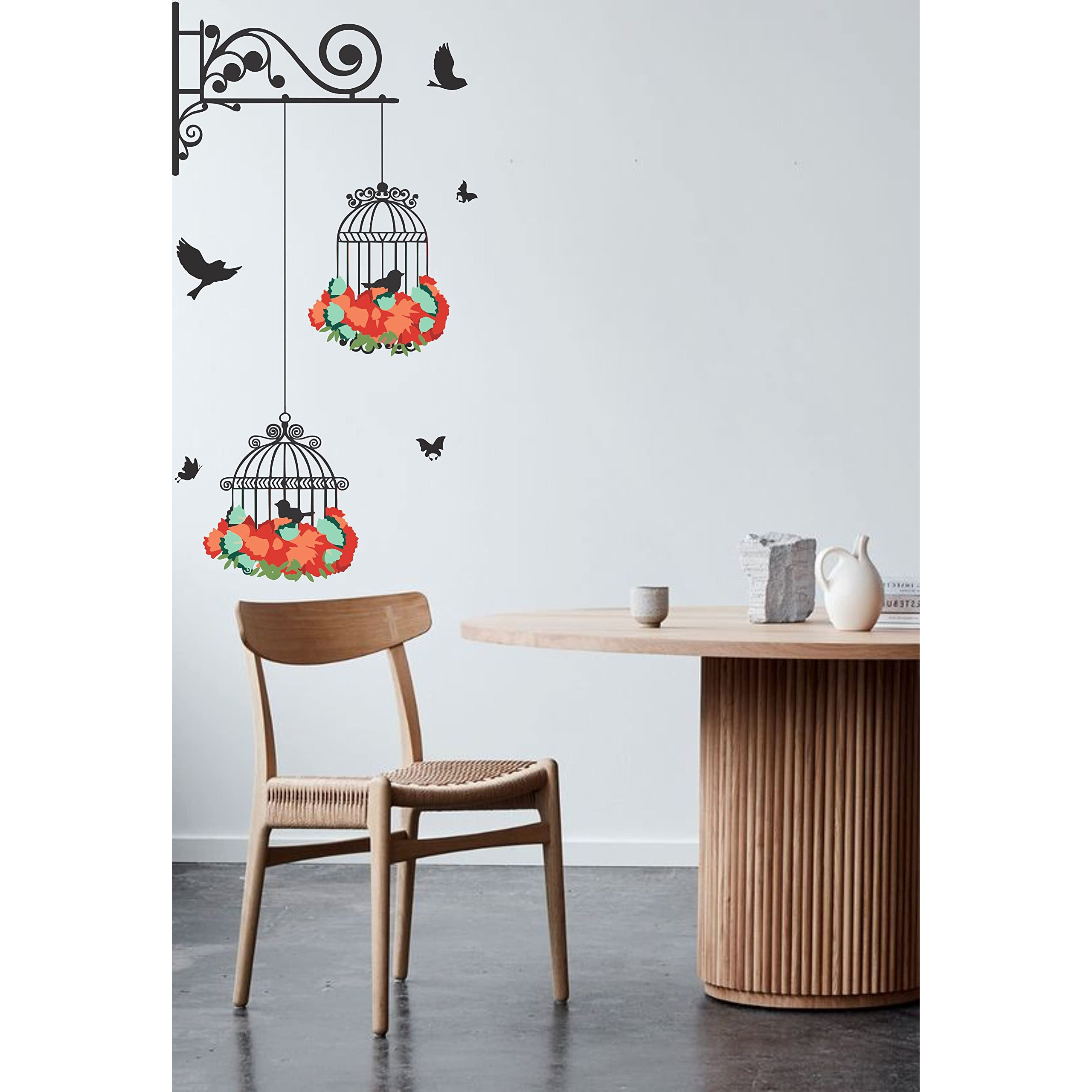 Dreamkraft Hanging Cage With Birds And Flowers Wall Sticker For Home Decor (Multicolor, Pvc Vinyl, 64 X 33 Cm) - Decorative Wall Art