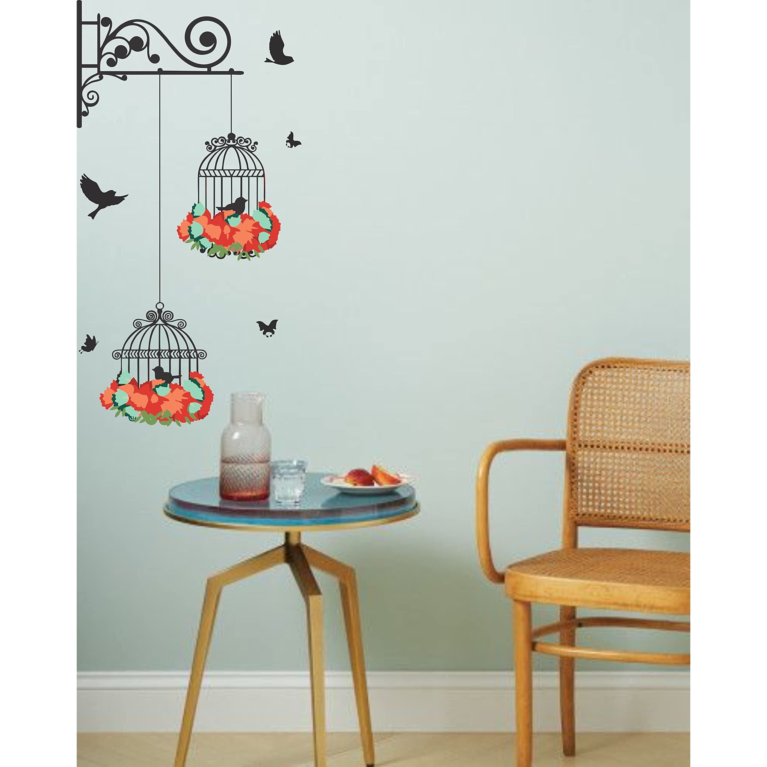 Dreamkraft Hanging Cage With Birds And Flowers Wall Sticker For Home Decor (Multicolor, Pvc Vinyl, 64 X 33 Cm) - Decorative Wall Art