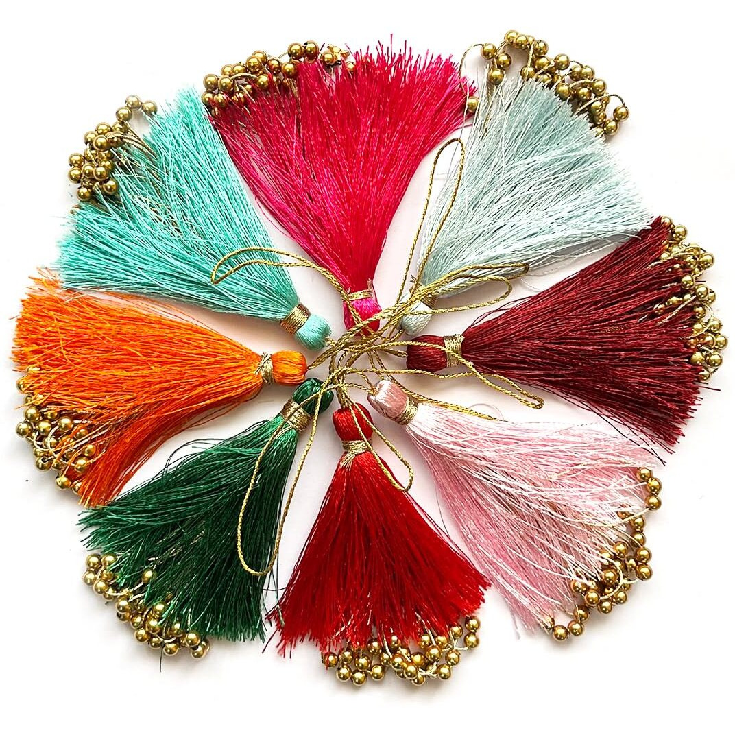 Adikala Pack Of 10 Fancy Silk Tassels With Zari Bead Thread Latkan For Perfect Embellishments For Suit, Kurti, Gown, Saree, Blouse, Dupatta, Lehenga & Jewelry, Diy Art & Craft 10Cm (Multi Color)